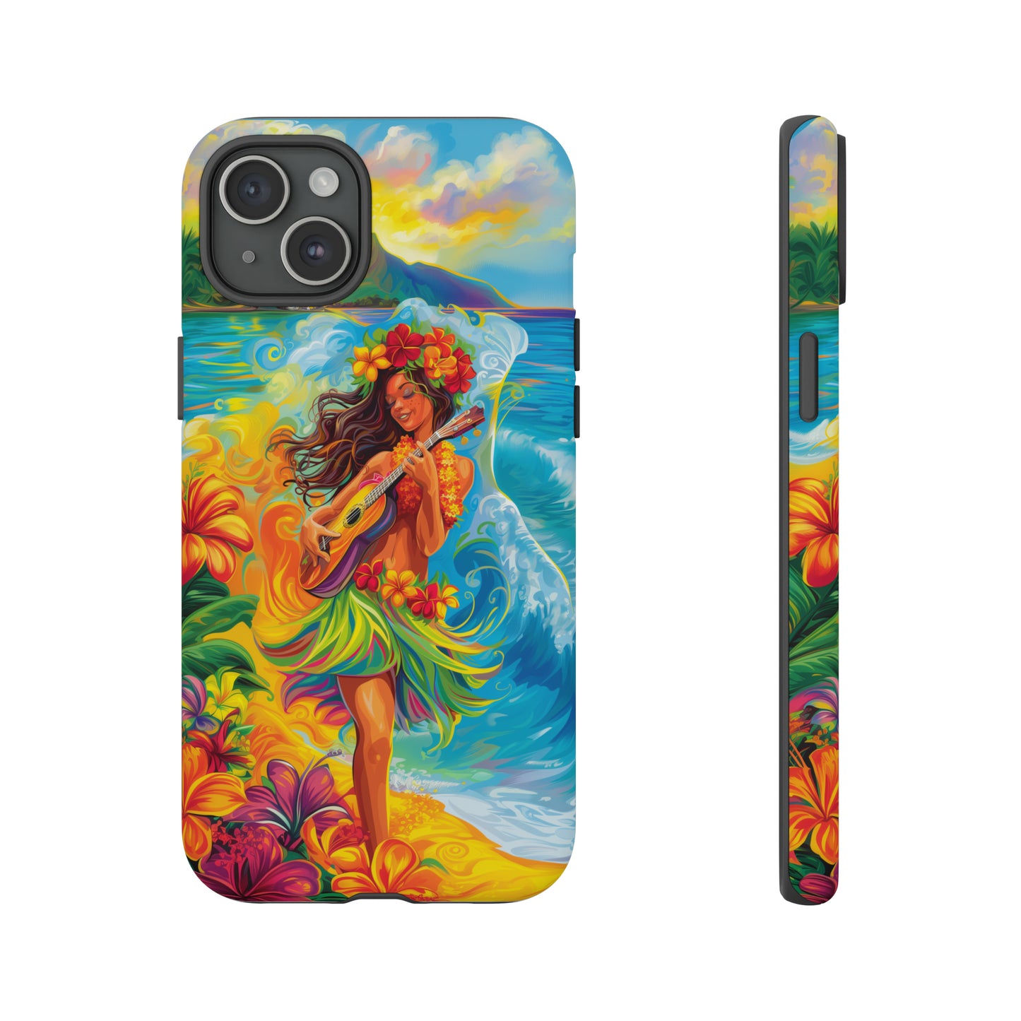 Ukulele Hula Girl Hawaiian Phone Case, Tropical, Hibiscus, Wireless Compatible, Protective Cell Phone Case for iPhone, Samsung, Pixel phones