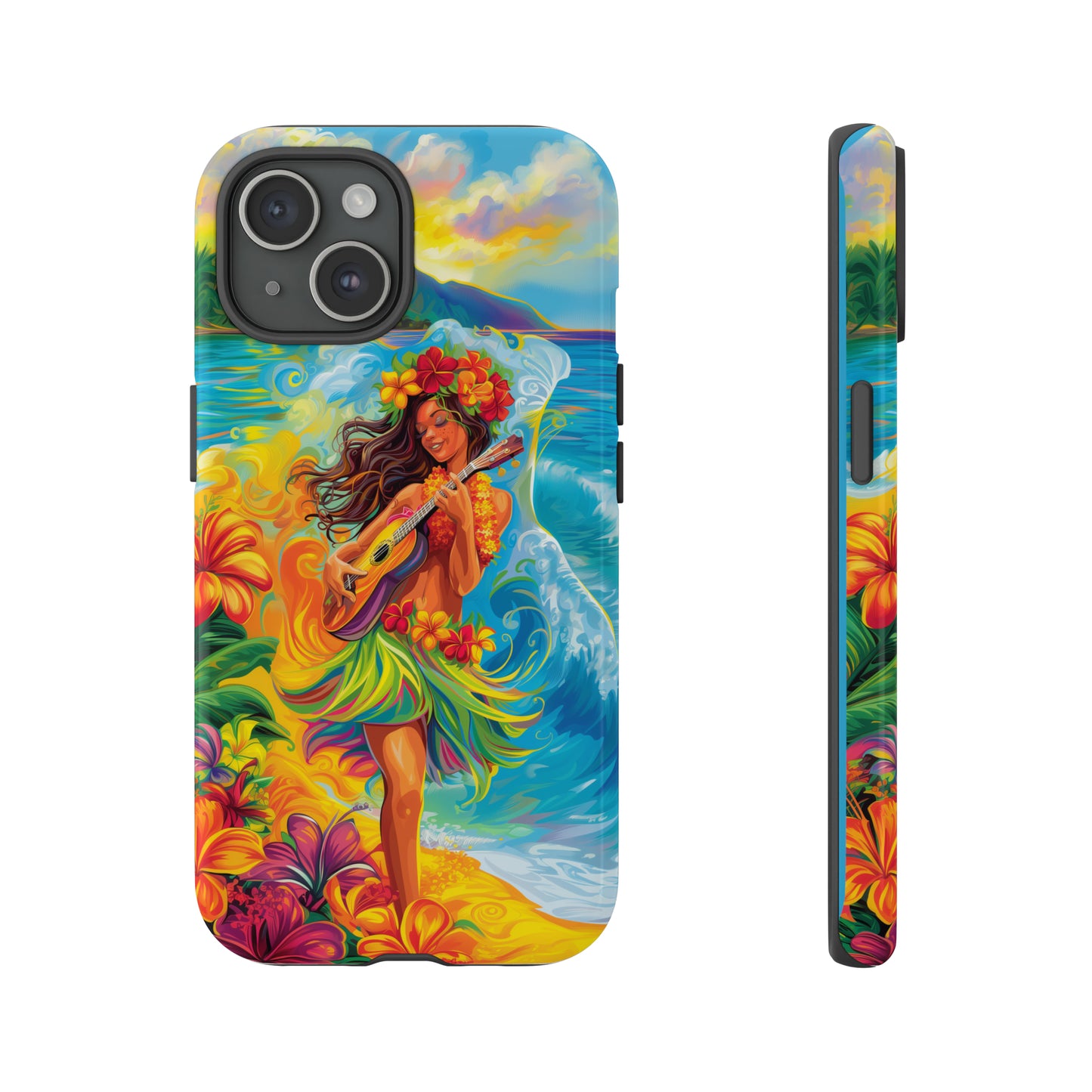 Ukulele Hula Girl Hawaiian Phone Case, Tropical, Hibiscus, Wireless Compatible, Protective Cell Phone Case for iPhone, Samsung, Pixel phones