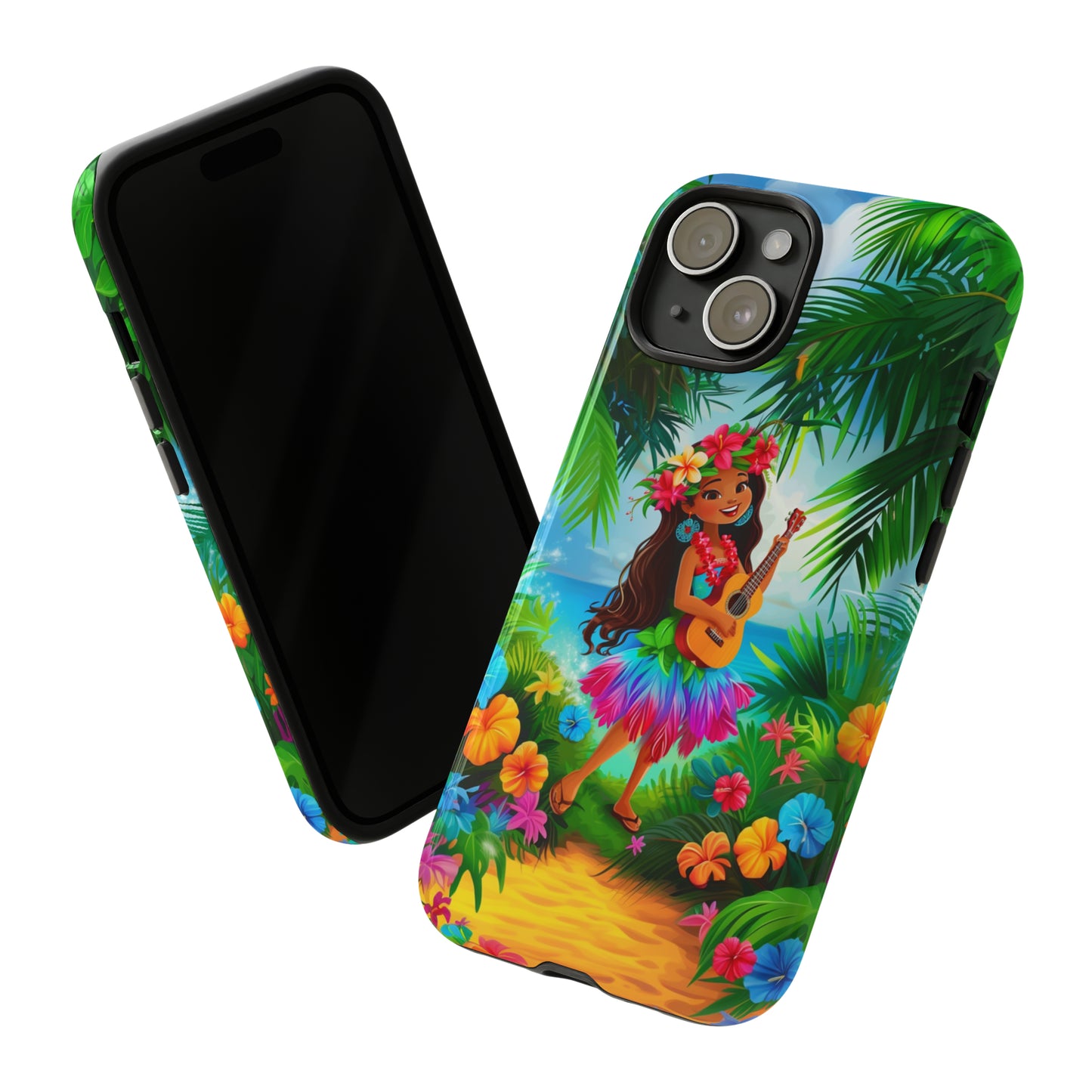 Hula Girl Ukulele Hawaiian Phone Case, Tropical, Hibiscus, Wireless Compatible, Protective Cell Phone Case for iPhone, Samsung, Pixel phones