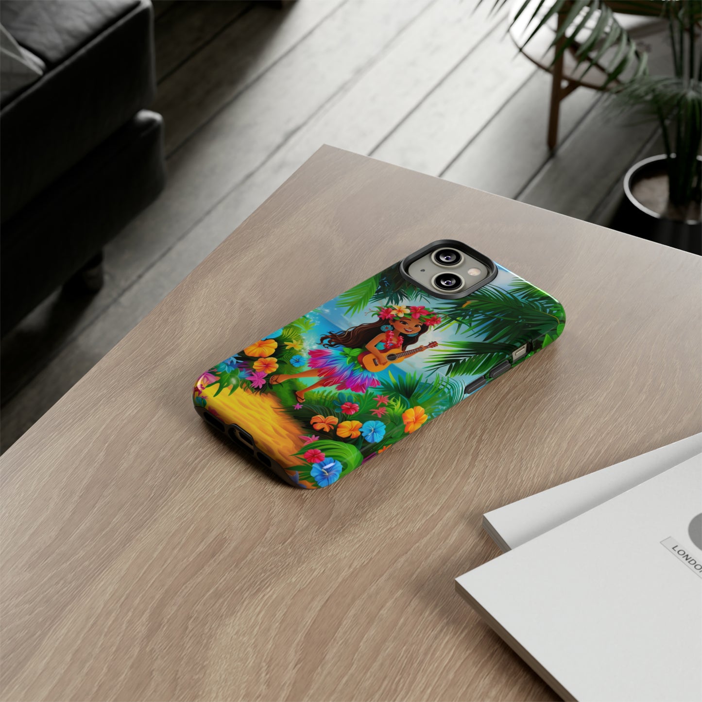 Hula Girl Ukulele Hawaiian Phone Case, Tropical, Hibiscus, Wireless Compatible, Protective Cell Phone Case for iPhone, Samsung, Pixel phones
