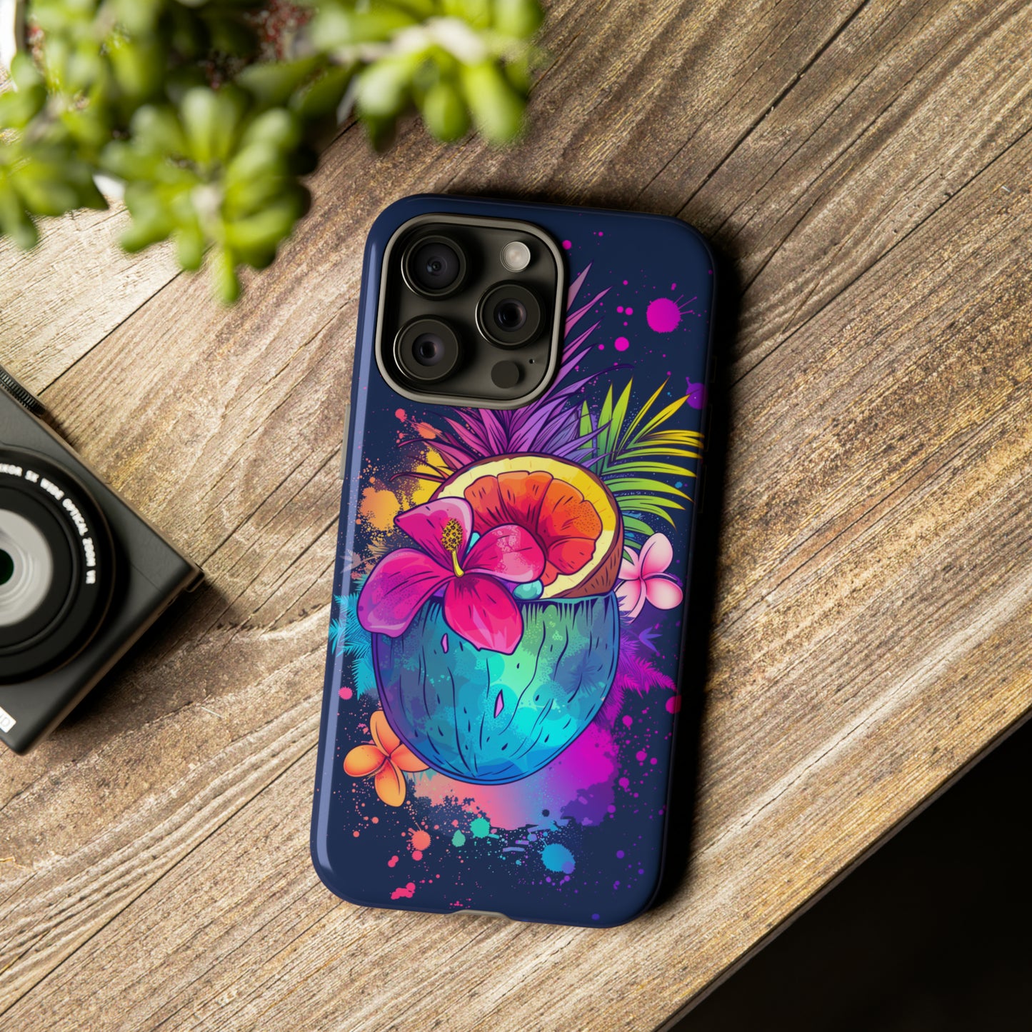 Coconut Dark Colorful Hawaiian Tropical Phone Case, Island Tropics, Wireless Compatible, Protective Cell Phone Case iPhone, Samsung, Pixel