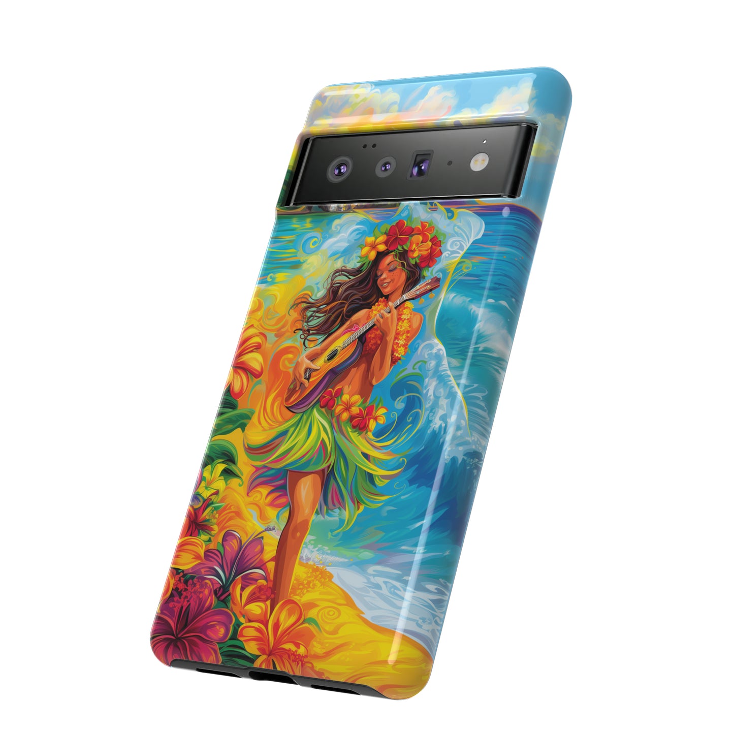 Ukulele Hula Girl Hawaiian Phone Case, Tropical, Hibiscus, Wireless Compatible, Protective Cell Phone Case for iPhone, Samsung, Pixel phones