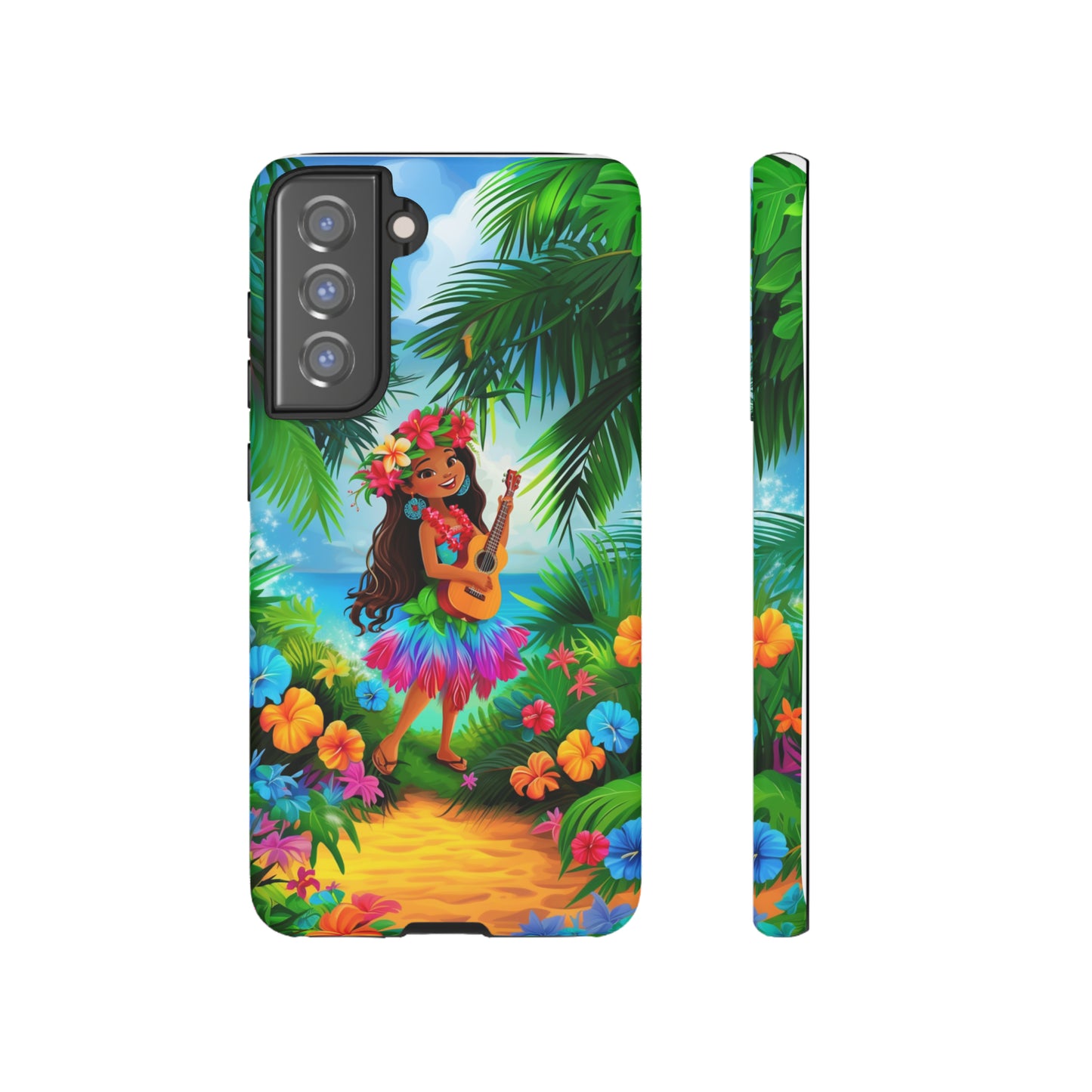 Hula Girl Ukulele Hawaiian Phone Case, Tropical, Hibiscus, Wireless Compatible, Protective Cell Phone Case for iPhone, Samsung, Pixel phones