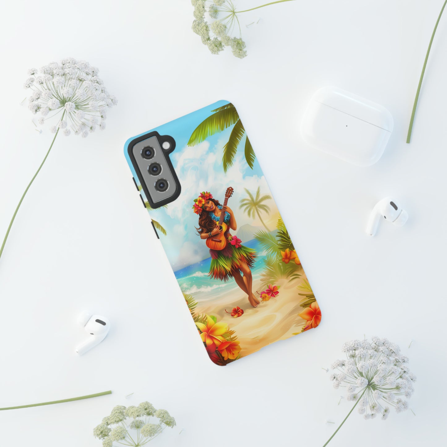 Hula Girl Guitar Hawaiian Phone Case, Tropical, Hibiscus, Wireless Compatible, Protective Cell Phone Case for iPhone, Samsung, Pixel phones