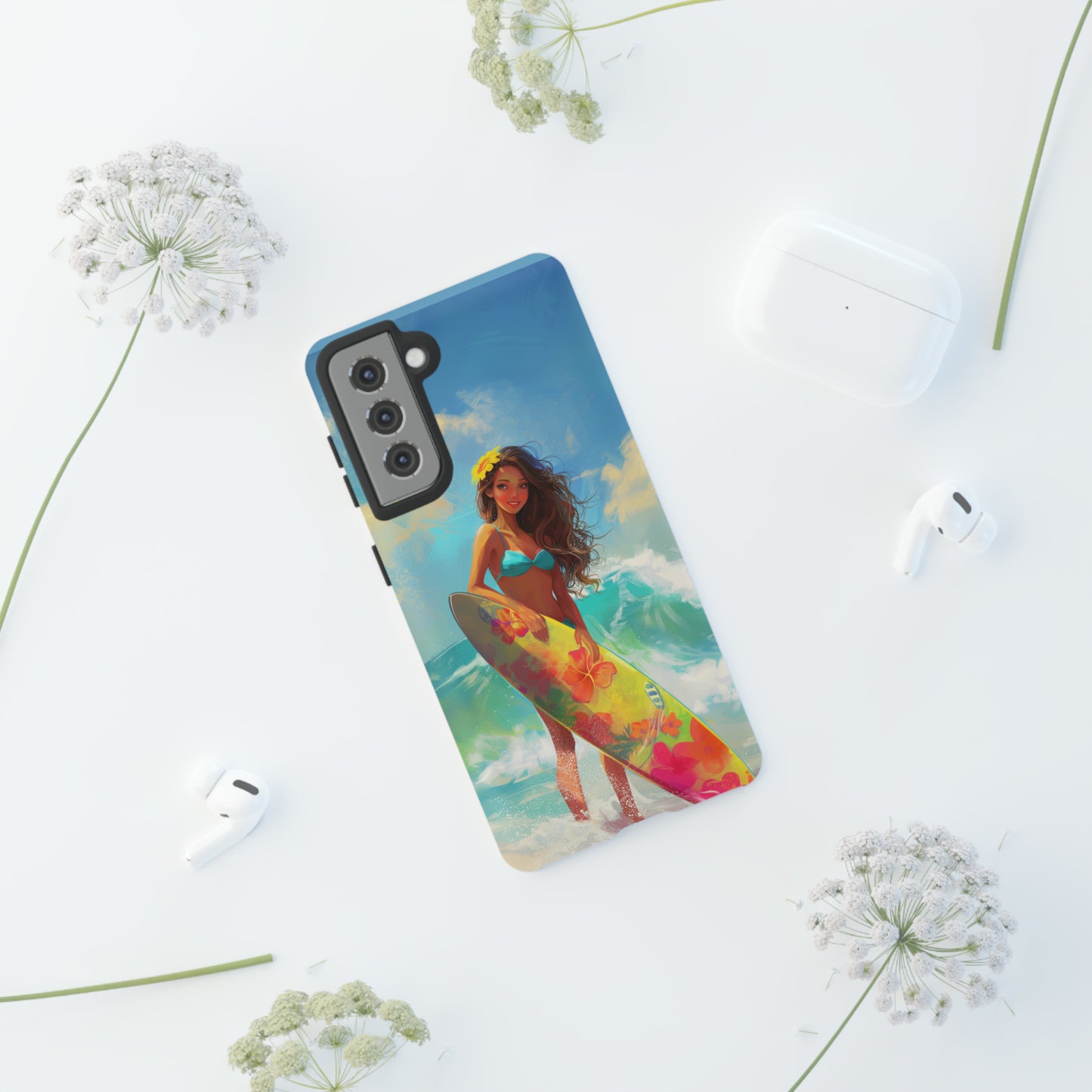 Surfer Girl Hawaiian Phone Case, Tropical, Hibiscus, Wireless Compatible, Protective Cell Phone Case for iPhone, Samsung, Pixel phones