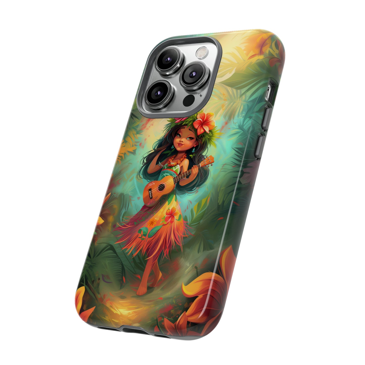 Cute Hula Girl Ukulele Hawaiian Phone Case, Tropical, Hibiscus, Wireless Compatible, Protective Cell Phone Case for iPhone, Samsung, Pixel