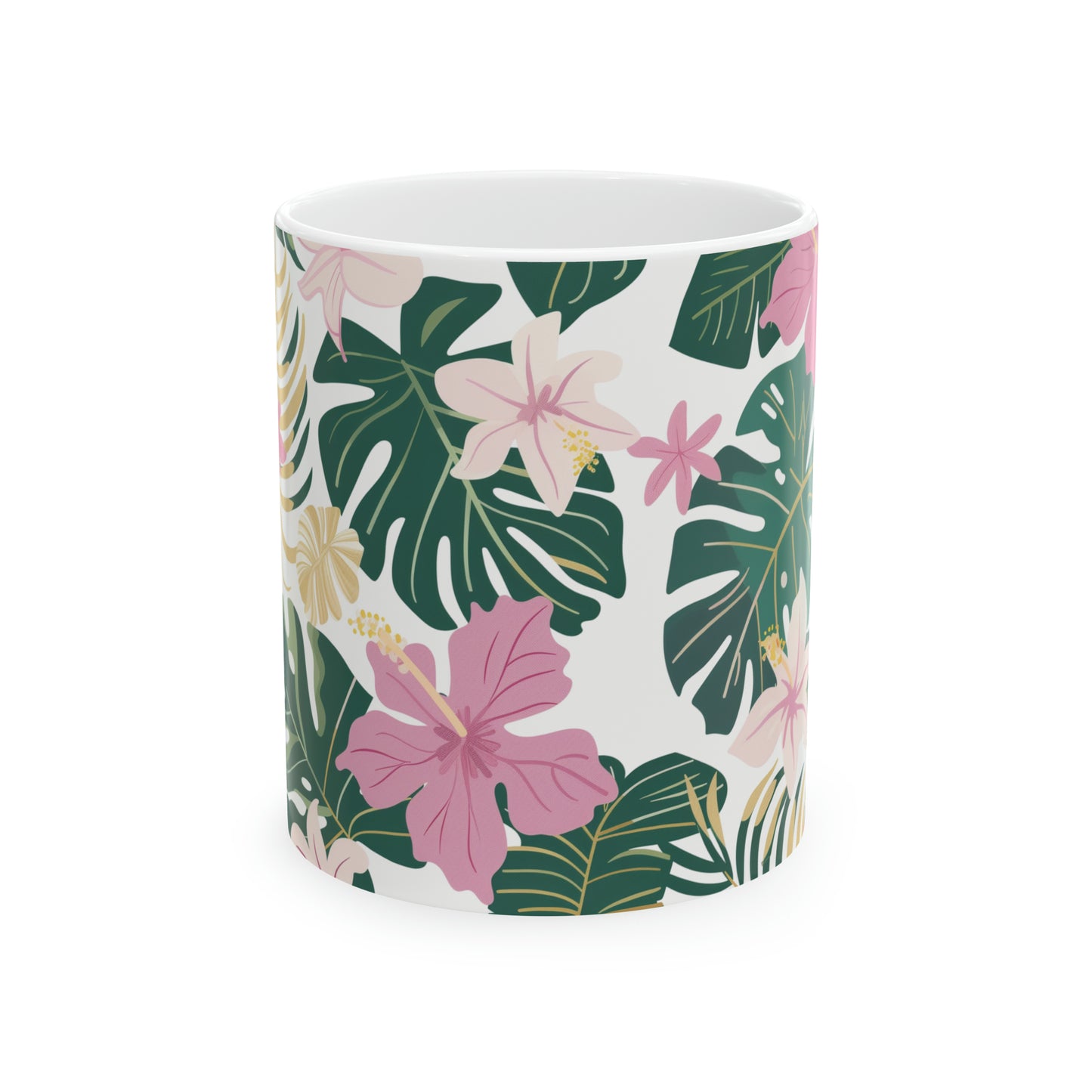Pink Tropical Hibiscus Pattern Hawaiian Ceramic Mug 11oz, Hawaii Mug, HI Mug, Aloha Mug, 808 Mug, Island Mug, Tropical Mug, Coffee Mug