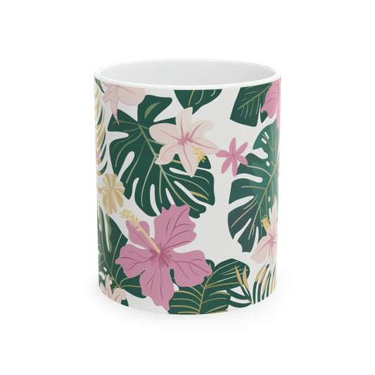 Pink Tropical Hibiscus Pattern Hawaiian Ceramic Mug 11oz, Hawaii Mug, HI Mug, Aloha Mug, 808 Mug, Island Mug, Tropical Mug, Coffee Mug