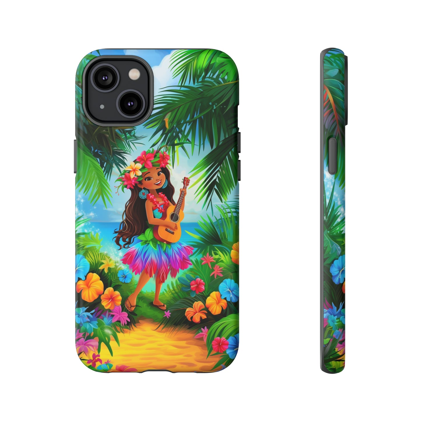 Hula Girl Ukulele Hawaiian Phone Case, Tropical, Hibiscus, Wireless Compatible, Protective Cell Phone Case for iPhone, Samsung, Pixel phones