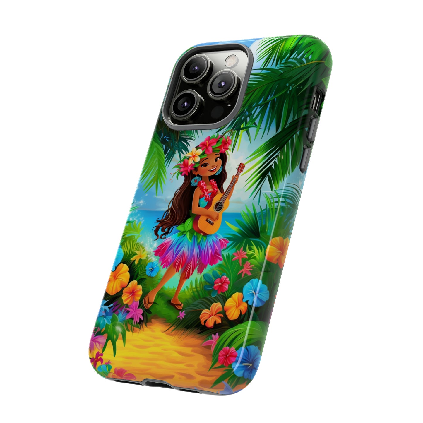 Hula Girl Ukulele Hawaiian Phone Case, Tropical, Hibiscus, Wireless Compatible, Protective Cell Phone Case for iPhone, Samsung, Pixel phones
