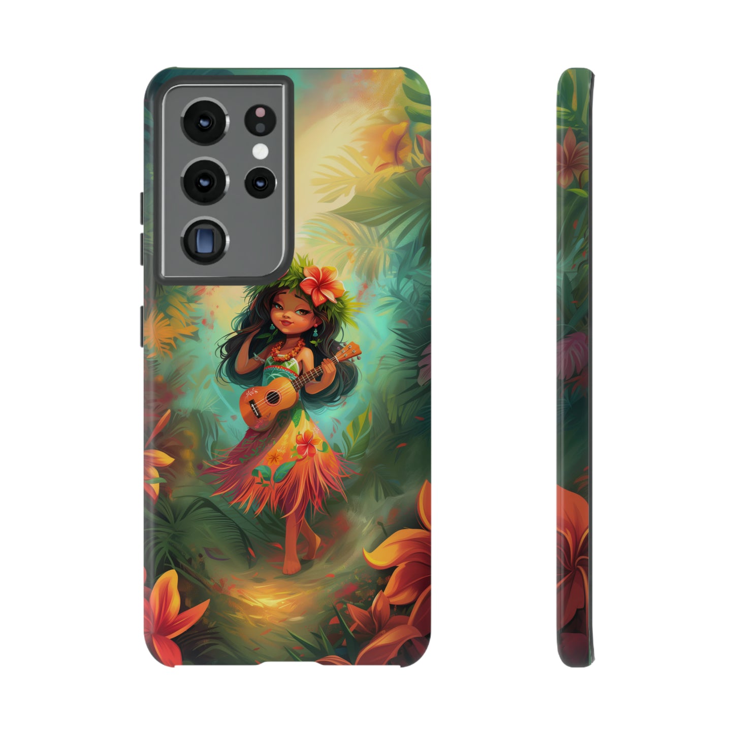Cute Hula Girl Ukulele Hawaiian Phone Case, Tropical, Hibiscus, Wireless Compatible, Protective Cell Phone Case for iPhone, Samsung, Pixel