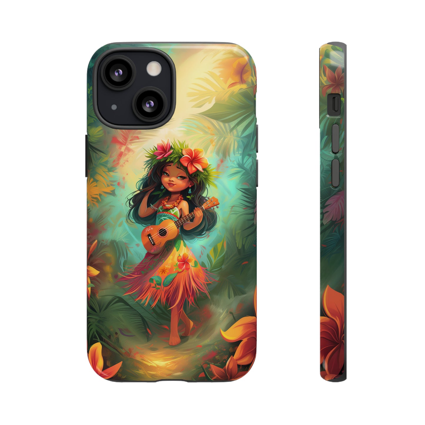Cute Hula Girl Ukulele Hawaiian Phone Case, Tropical, Hibiscus, Wireless Compatible, Protective Cell Phone Case for iPhone, Samsung, Pixel