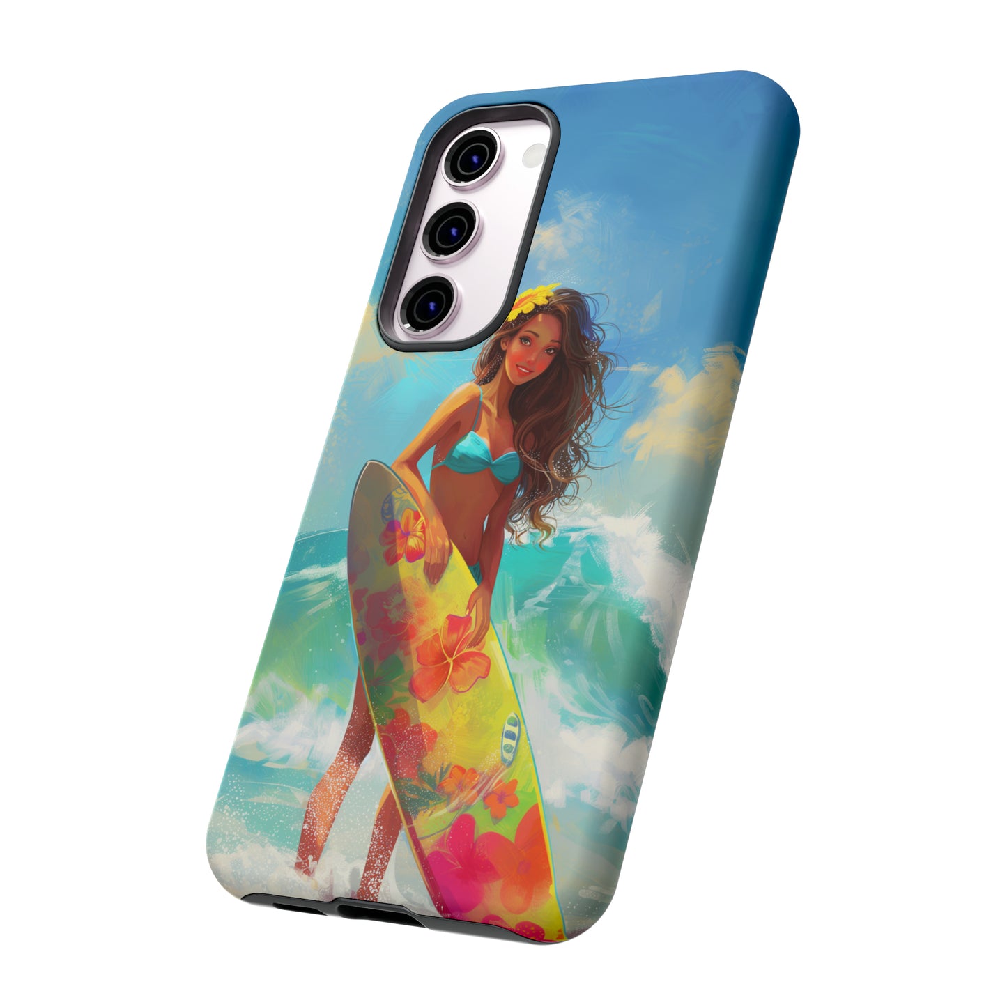 Surfer Girl Hawaiian Phone Case, Tropical, Hibiscus, Wireless Compatible, Protective Cell Phone Case for iPhone, Samsung, Pixel phones