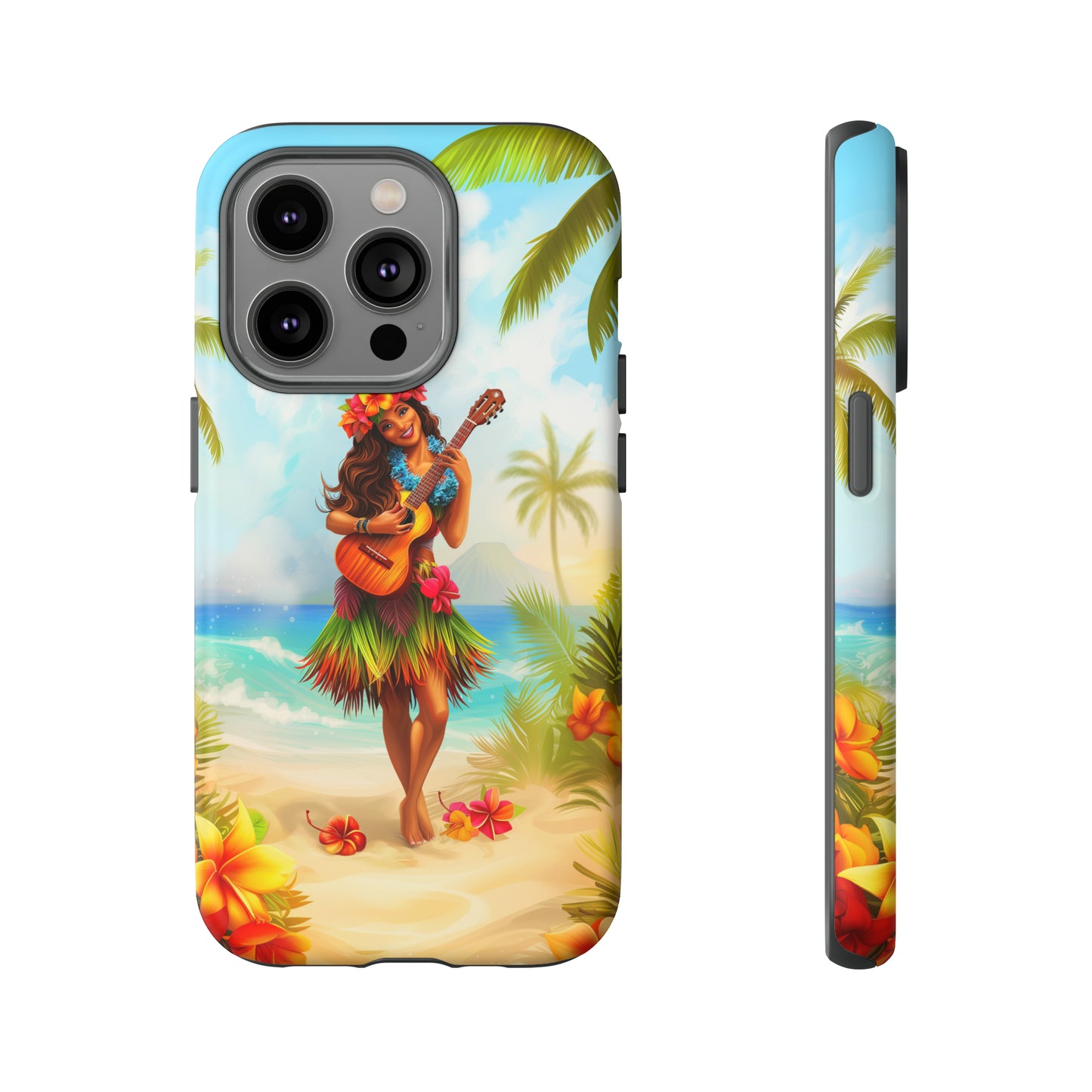 Hula Girl Guitar Hawaiian Phone Case, Tropical, Hibiscus, Wireless Compatible, Protective Cell Phone Case for iPhone, Samsung, Pixel phones