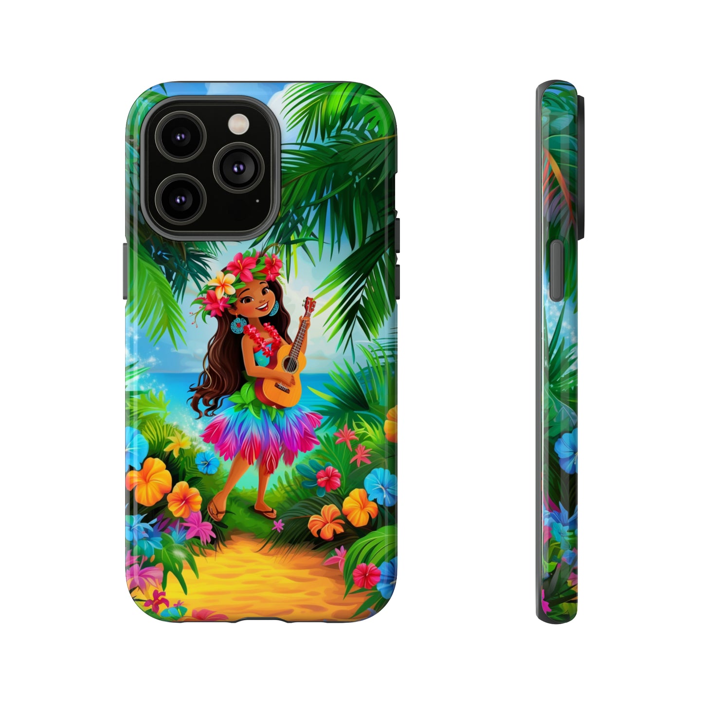 Hula Girl Ukulele Hawaiian Phone Case, Tropical, Hibiscus, Wireless Compatible, Protective Cell Phone Case for iPhone, Samsung, Pixel phones
