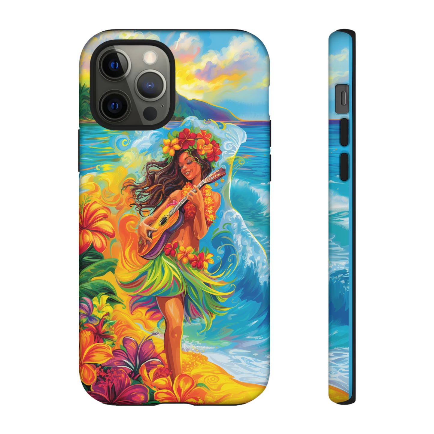 Ukulele Hula Girl Hawaiian Phone Case, Tropical, Hibiscus, Wireless Compatible, Protective Cell Phone Case for iPhone, Samsung, Pixel phones