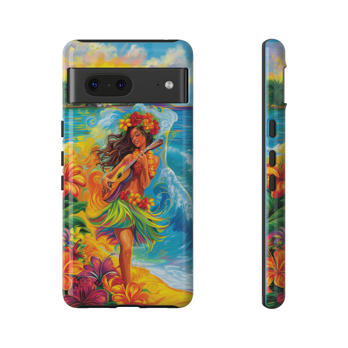 Ukulele Hula Girl Hawaiian Phone Case, Tropical, Hibiscus, Wireless Compatible, Protective Cell Phone Case for iPhone, Samsung, Pixel phones
