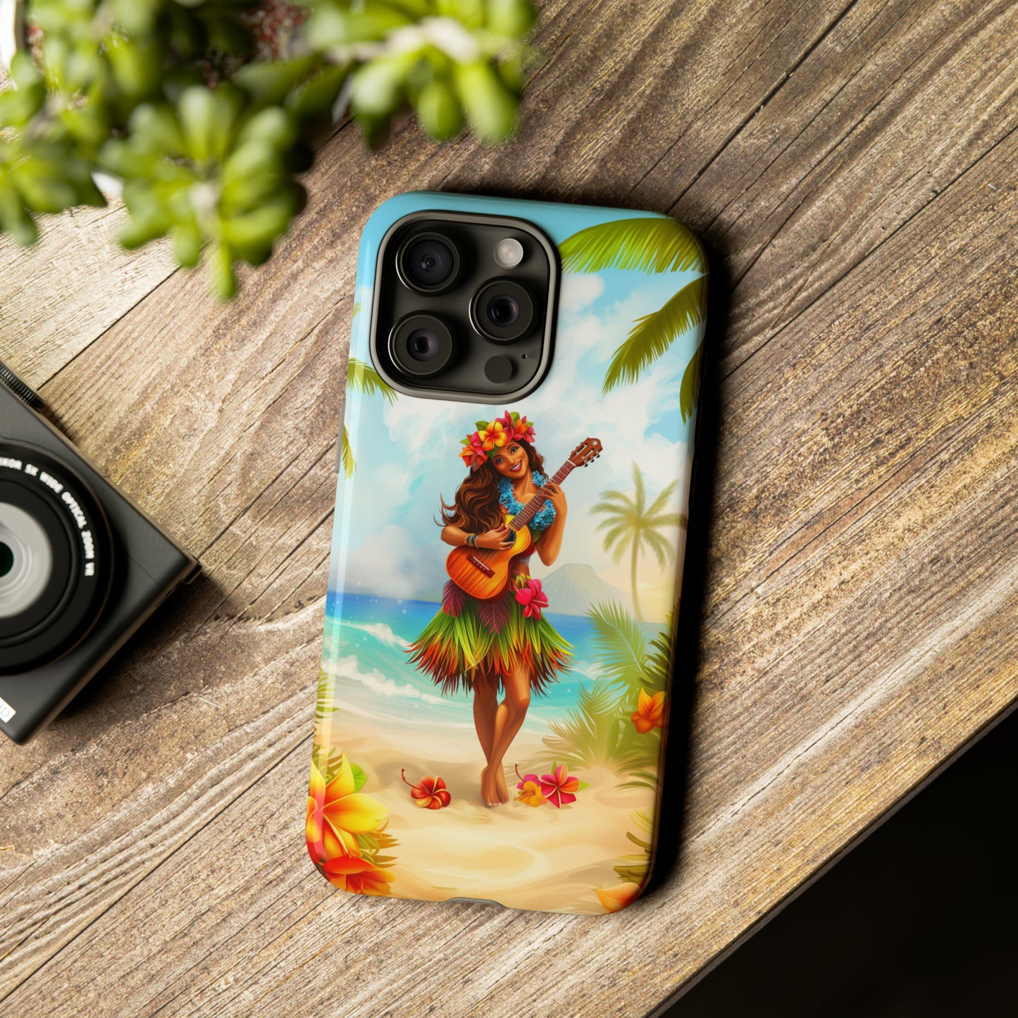Hula Girl Guitar Hawaiian Phone Case, Tropical, Hibiscus, Wireless Compatible, Protective Cell Phone Case for iPhone, Samsung, Pixel phones