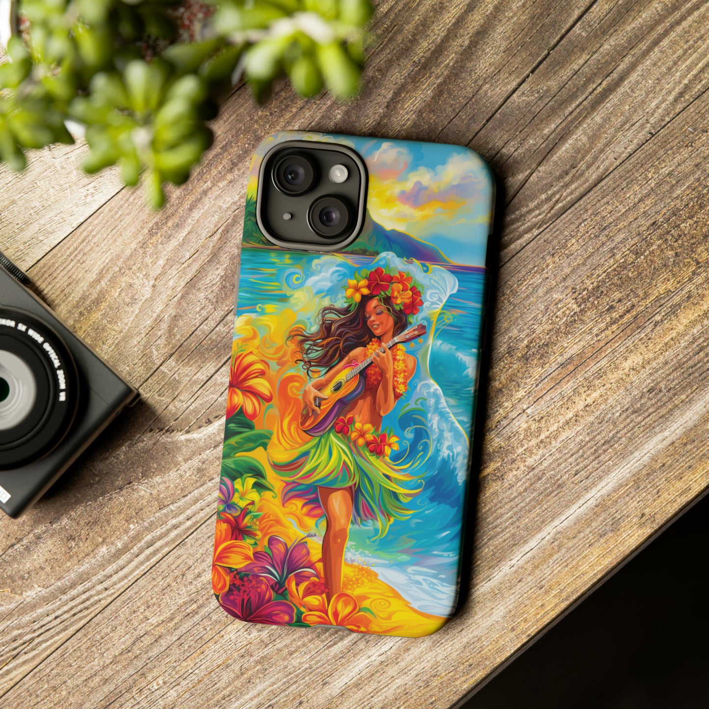 Ukulele Hula Girl Hawaiian Phone Case, Tropical, Hibiscus, Wireless Compatible, Protective Cell Phone Case for iPhone, Samsung, Pixel phones