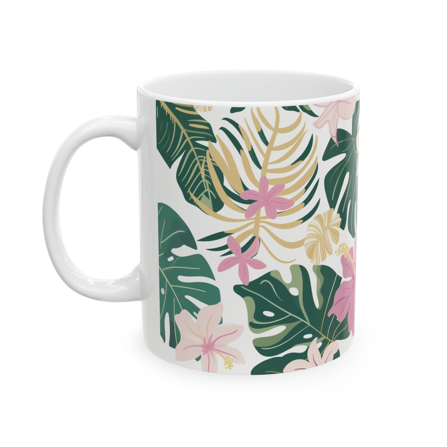Pink Tropical Hibiscus Pattern Hawaiian Ceramic Mug 11oz, Hawaii Mug, HI Mug, Aloha Mug, 808 Mug, Island Mug, Tropical Mug, Coffee Mug