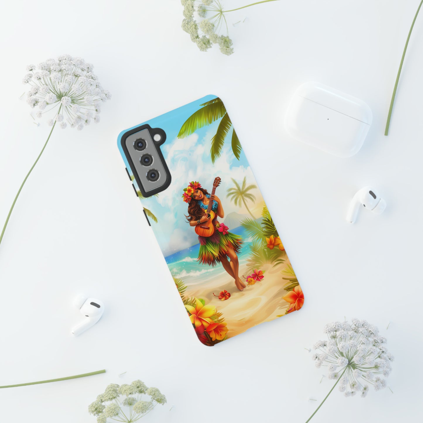 Hula Girl Guitar Hawaiian Phone Case, Tropical, Hibiscus, Wireless Compatible, Protective Cell Phone Case for iPhone, Samsung, Pixel phones