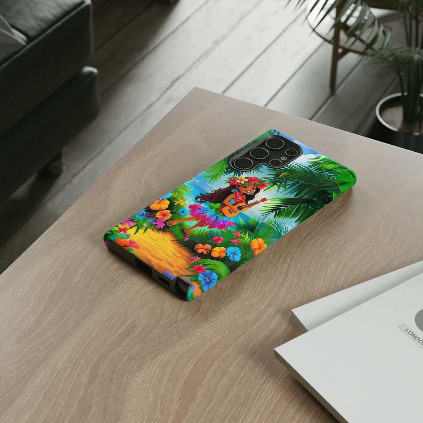 Hula Girl Ukulele Hawaiian Phone Case, Tropical, Hibiscus, Wireless Compatible, Protective Cell Phone Case for iPhone, Samsung, Pixel phones