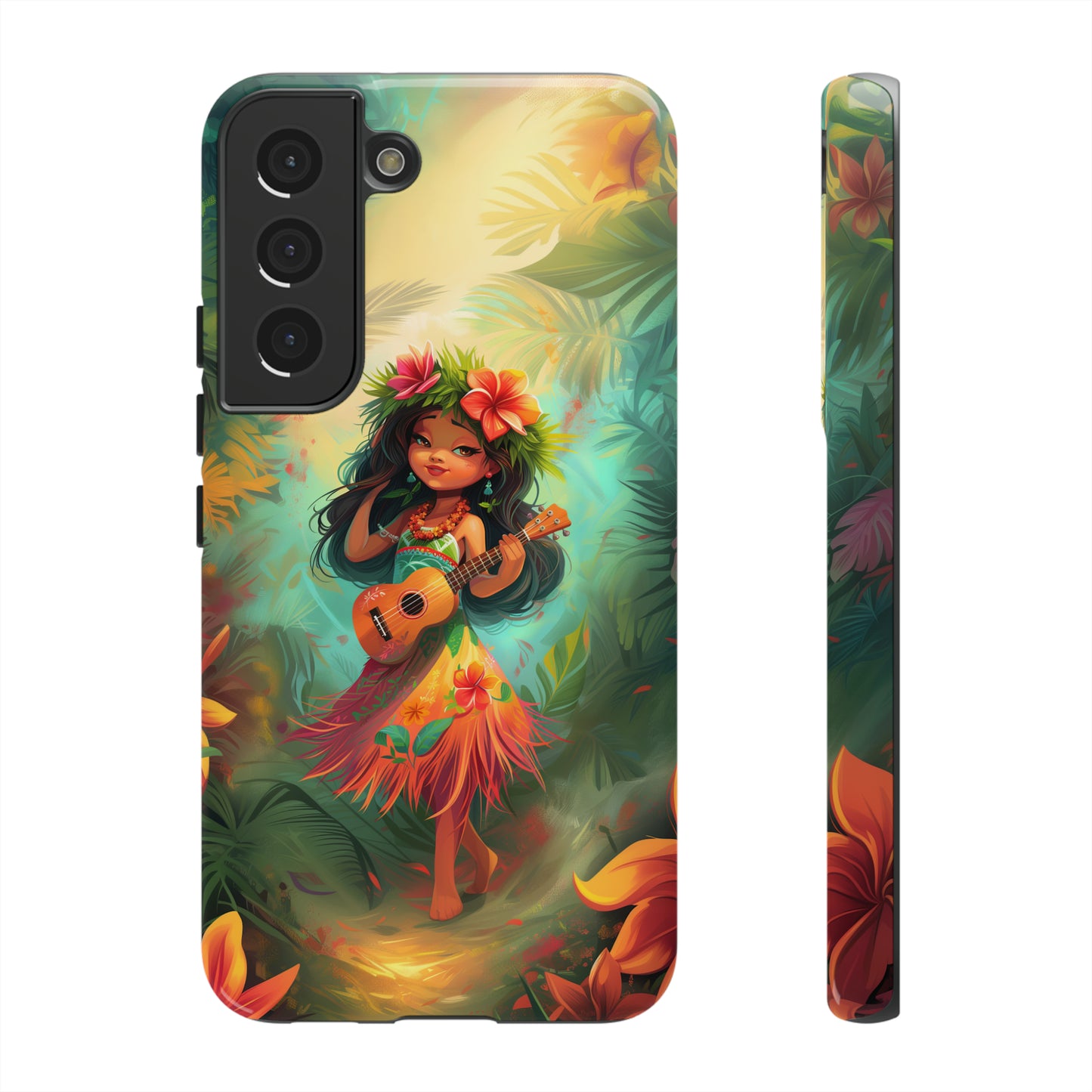 Cute Hula Girl Ukulele Hawaiian Phone Case, Tropical, Hibiscus, Wireless Compatible, Protective Cell Phone Case for iPhone, Samsung, Pixel