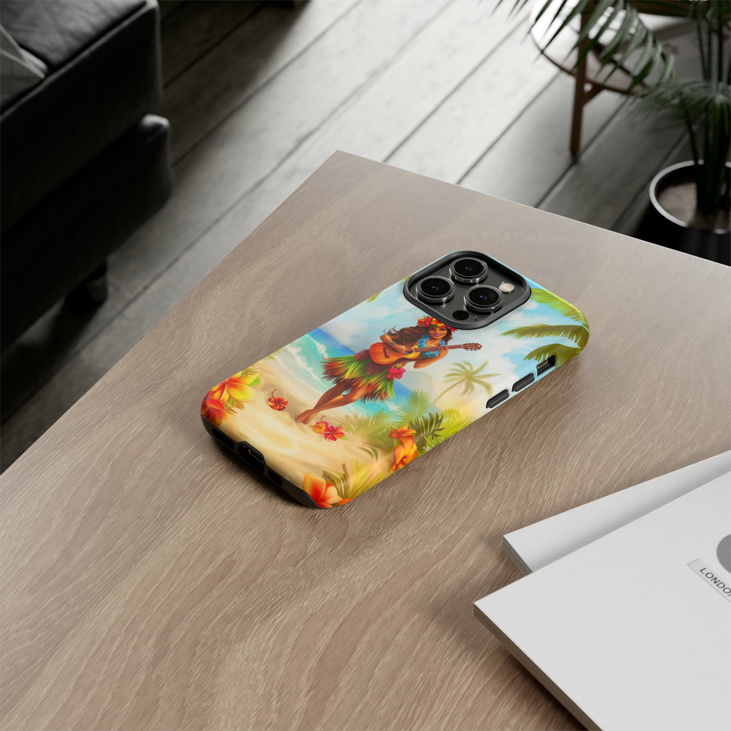 Hula Girl Guitar Hawaiian Phone Case, Tropical, Hibiscus, Wireless Compatible, Protective Cell Phone Case for iPhone, Samsung, Pixel phones