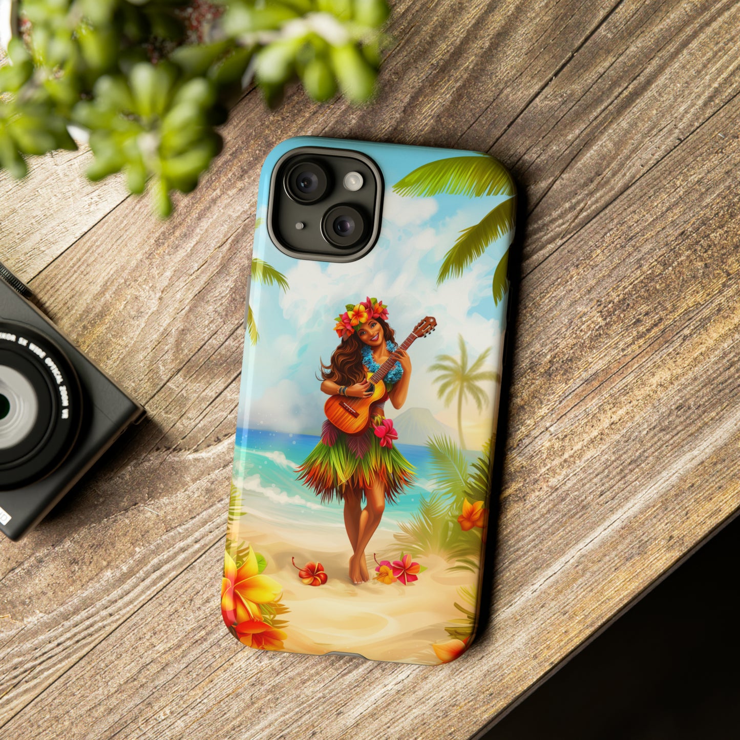 Hula Girl Guitar Hawaiian Phone Case, Tropical, Hibiscus, Wireless Compatible, Protective Cell Phone Case for iPhone, Samsung, Pixel phones