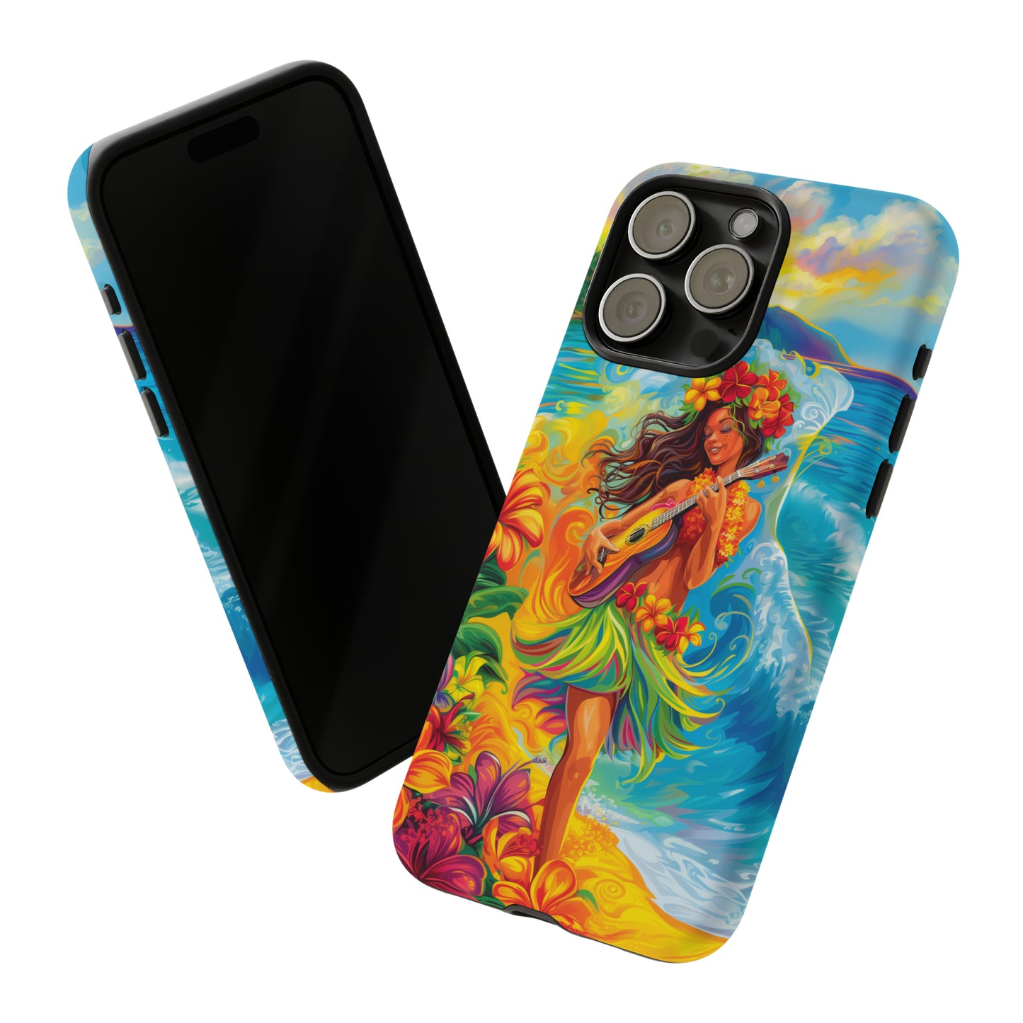 Ukulele Hula Girl Hawaiian Phone Case, Tropical, Hibiscus, Wireless Compatible, Protective Cell Phone Case for iPhone, Samsung, Pixel phones
