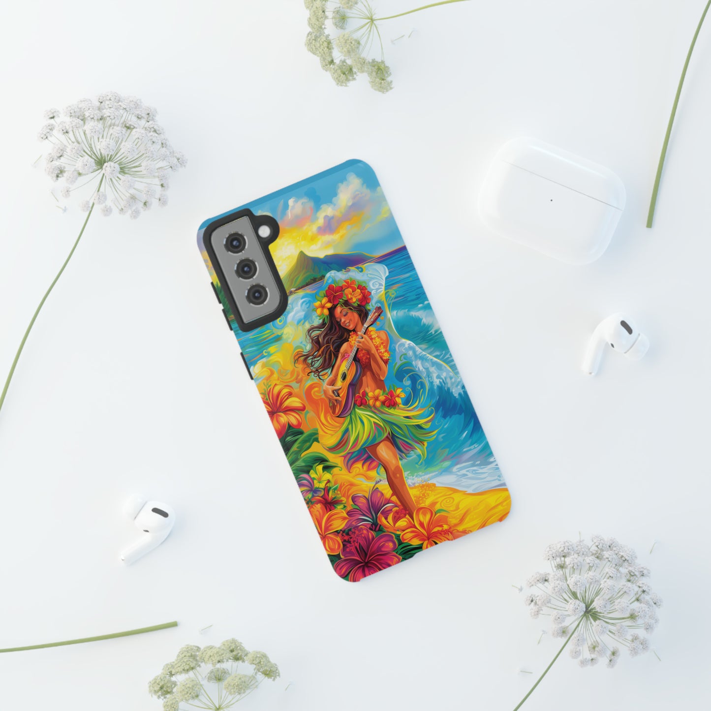 Ukulele Hula Girl Hawaiian Phone Case, Tropical, Hibiscus, Wireless Compatible, Protective Cell Phone Case for iPhone, Samsung, Pixel phones