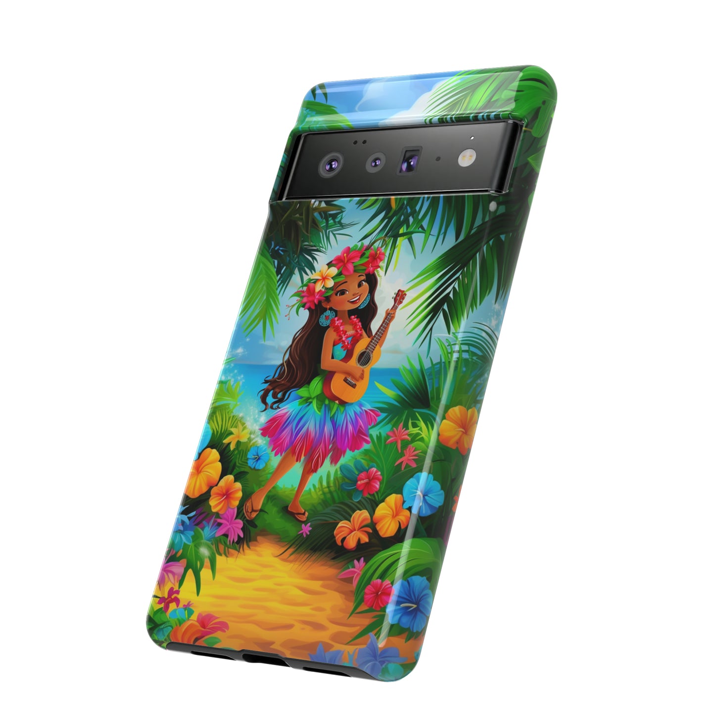 Hula Girl Ukulele Hawaiian Phone Case, Tropical, Hibiscus, Wireless Compatible, Protective Cell Phone Case for iPhone, Samsung, Pixel phones