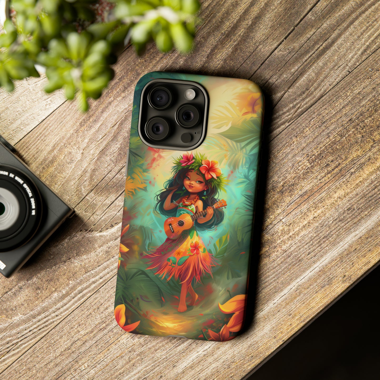 Cute Hula Girl Ukulele Hawaiian Phone Case, Tropical, Hibiscus, Wireless Compatible, Protective Cell Phone Case for iPhone, Samsung, Pixel
