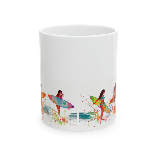 Surfer Girls 3 Wahine Colorful Rainbow Hawaiian Ceramic Mug 11oz, Hawaii Mug, HI Mug, Aloha Mug, 808 Mug, Island Mug, Tropical Coffee Mug