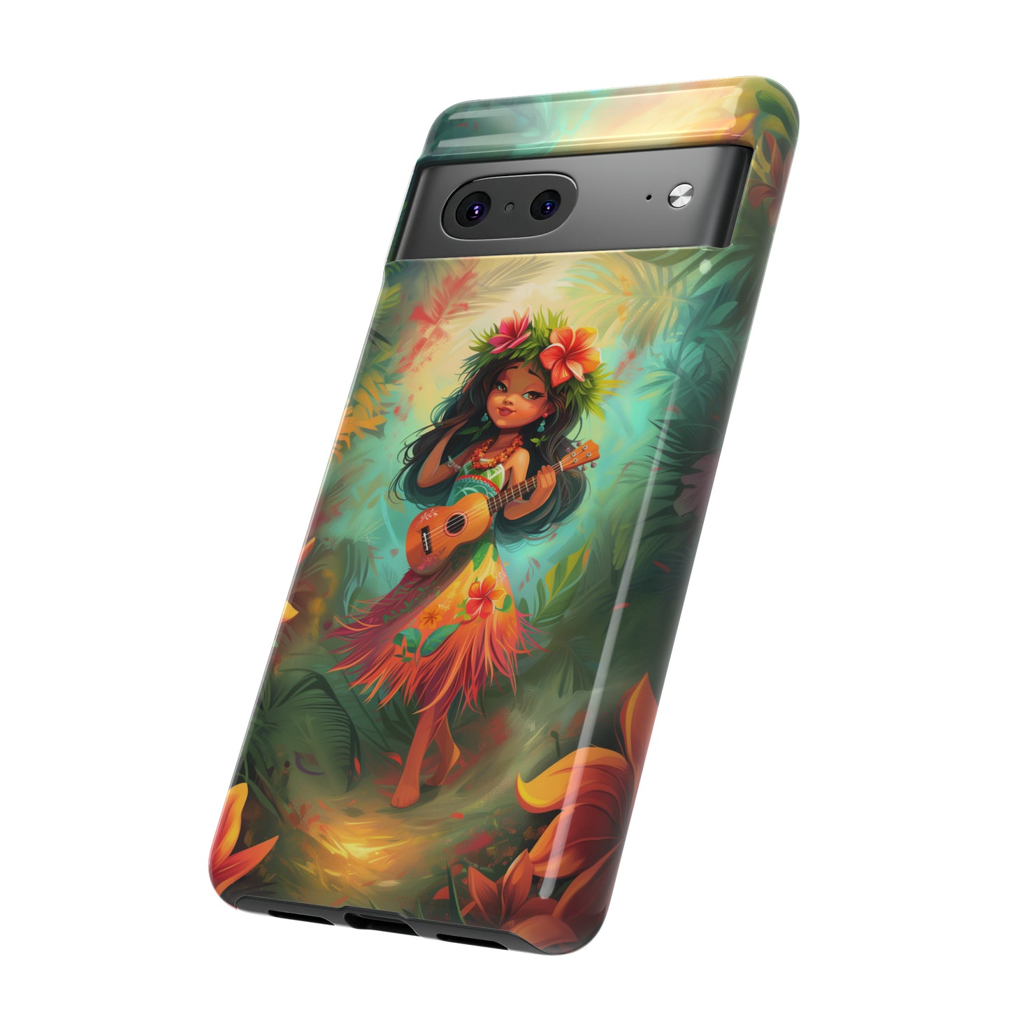 Cute Hula Girl Ukulele Hawaiian Phone Case, Tropical, Hibiscus, Wireless Compatible, Protective Cell Phone Case for iPhone, Samsung, Pixel