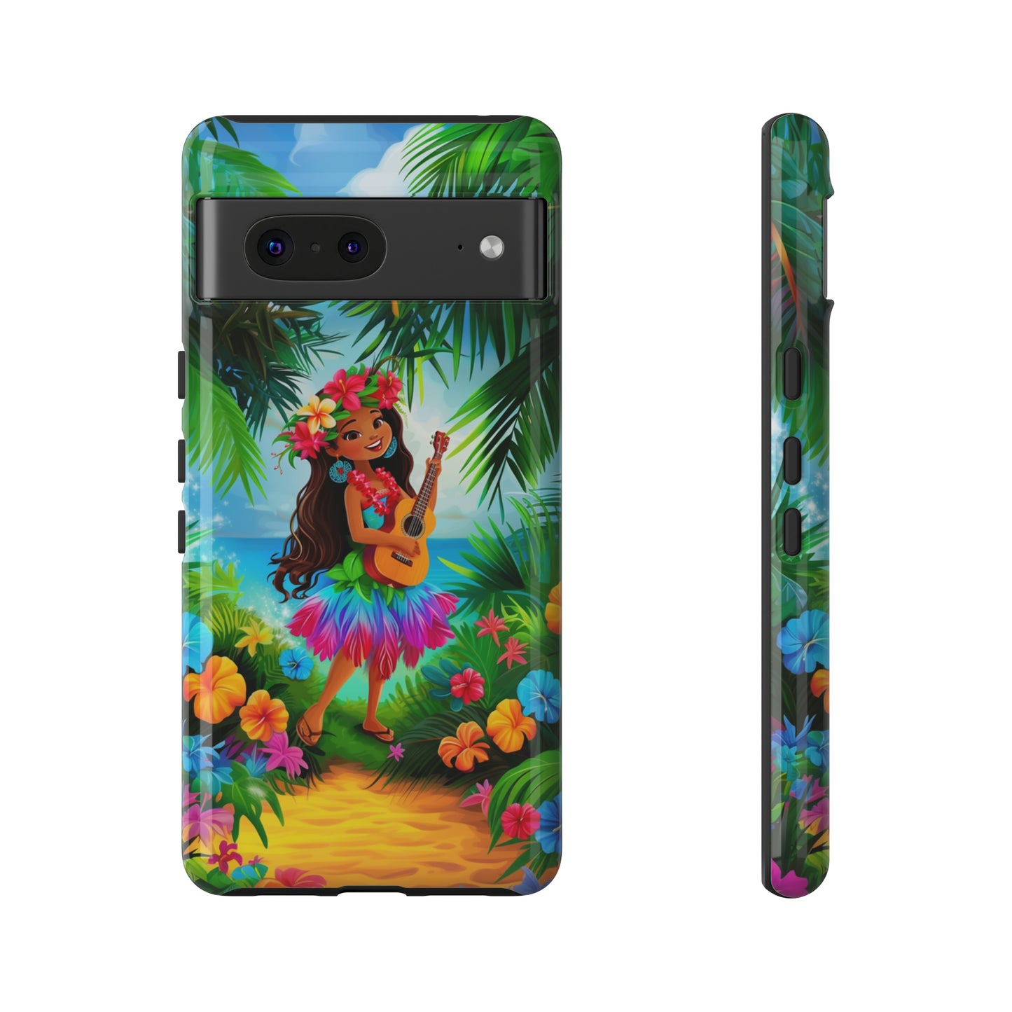 Hula Girl Ukulele Hawaiian Phone Case, Tropical, Hibiscus, Wireless Compatible, Protective Cell Phone Case for iPhone, Samsung, Pixel phones