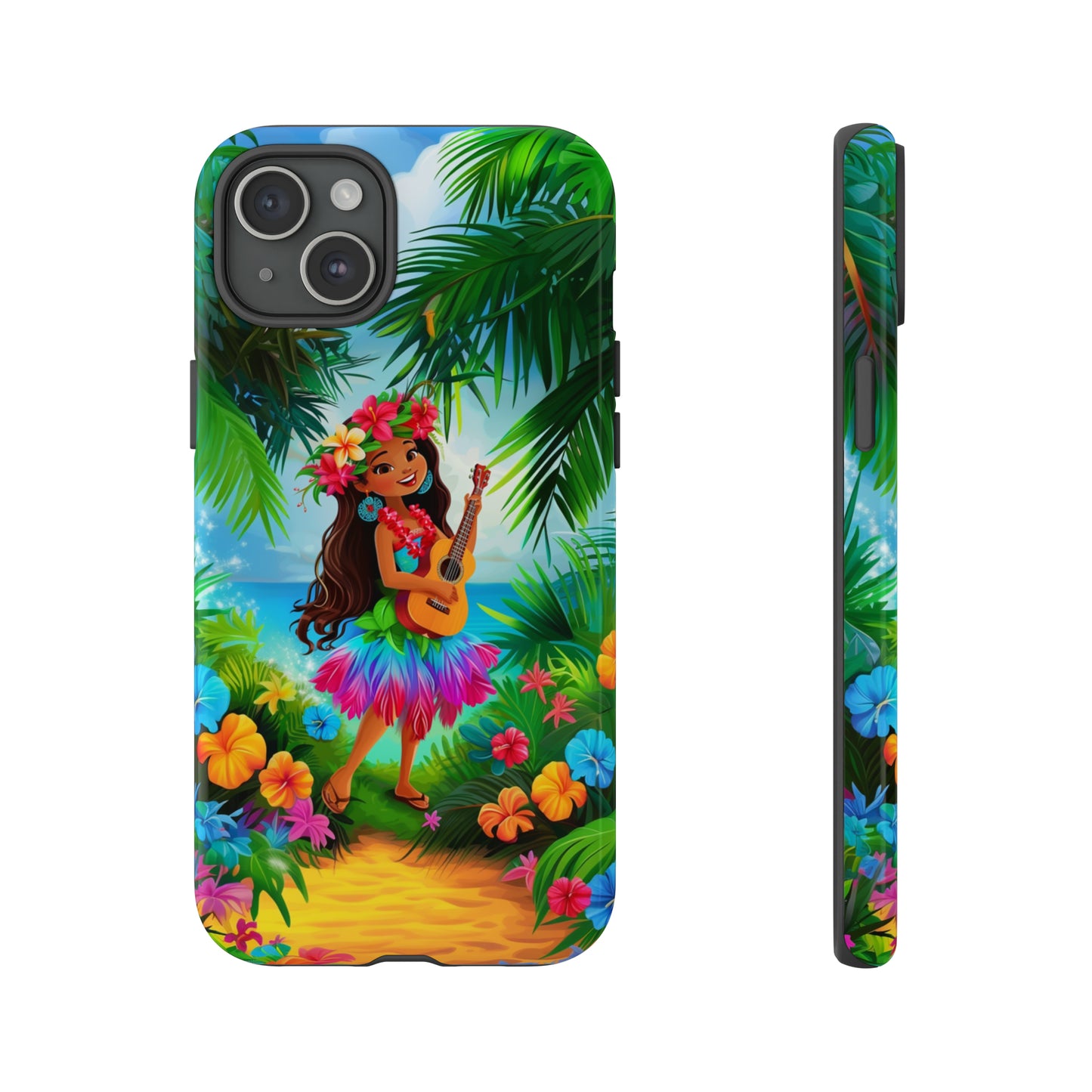 Hula Girl Ukulele Hawaiian Phone Case, Tropical, Hibiscus, Wireless Compatible, Protective Cell Phone Case for iPhone, Samsung, Pixel phones