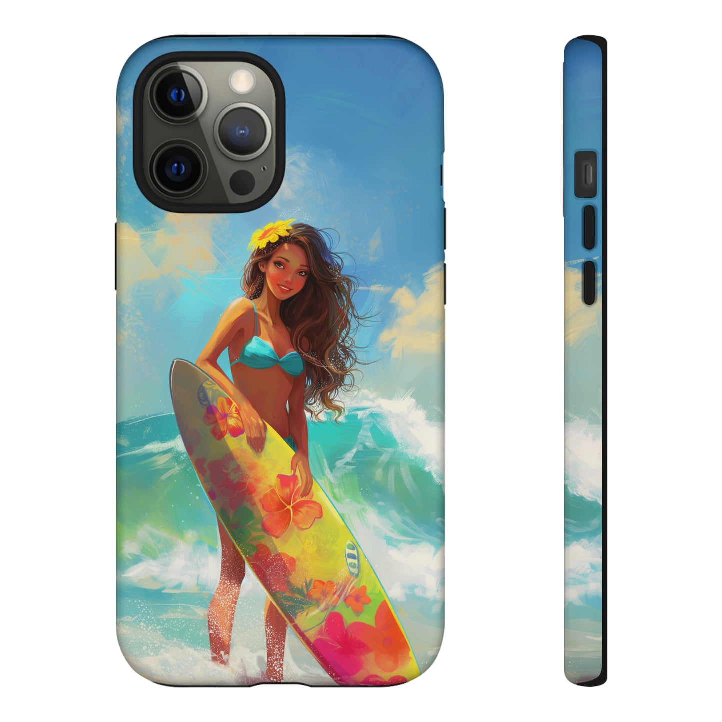 Surfer Girl Hawaiian Phone Case, Tropical, Hibiscus, Wireless Compatible, Protective Cell Phone Case for iPhone, Samsung, Pixel phones