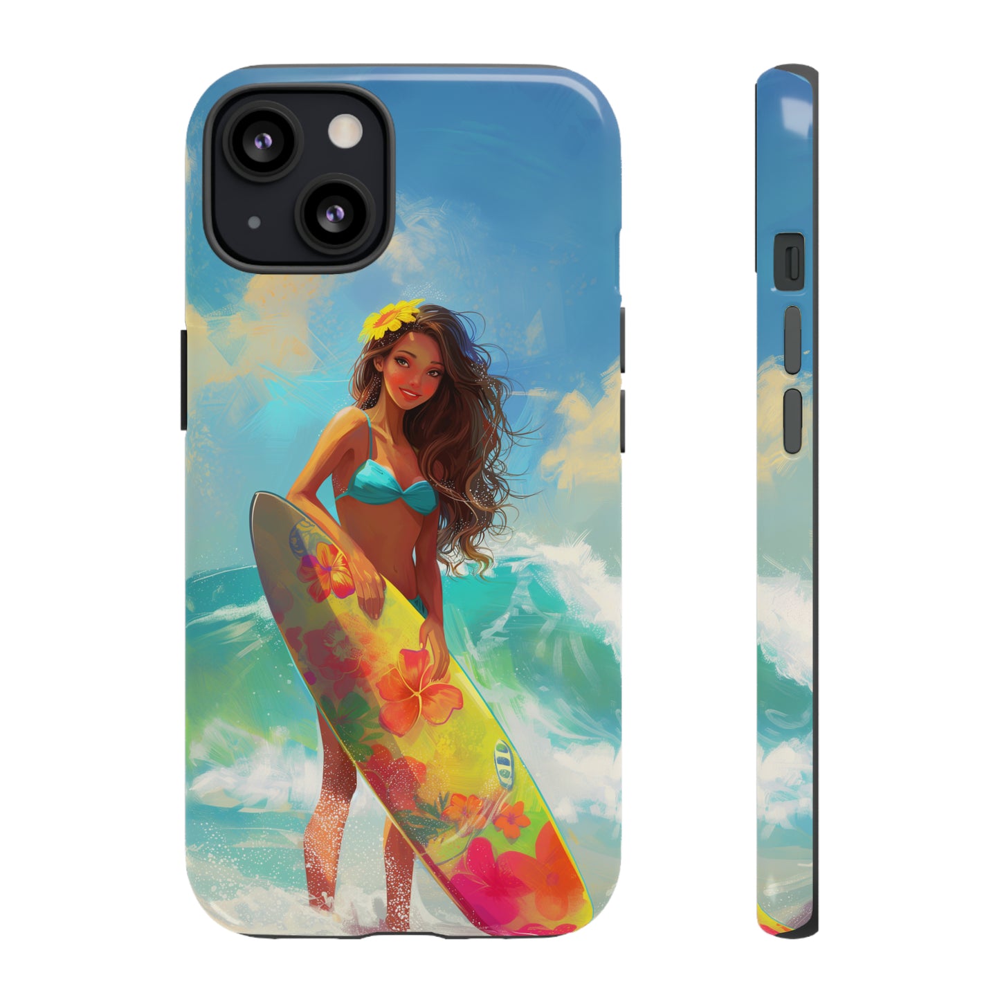 Surfer Girl Hawaiian Phone Case, Tropical, Hibiscus, Wireless Compatible, Protective Cell Phone Case for iPhone, Samsung, Pixel phones
