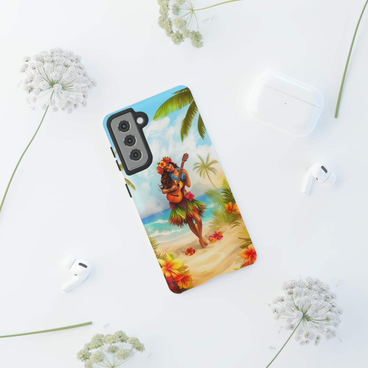 Hula Girl Guitar Hawaiian Phone Case, Tropical, Hibiscus, Wireless Compatible, Protective Cell Phone Case for iPhone, Samsung, Pixel phones