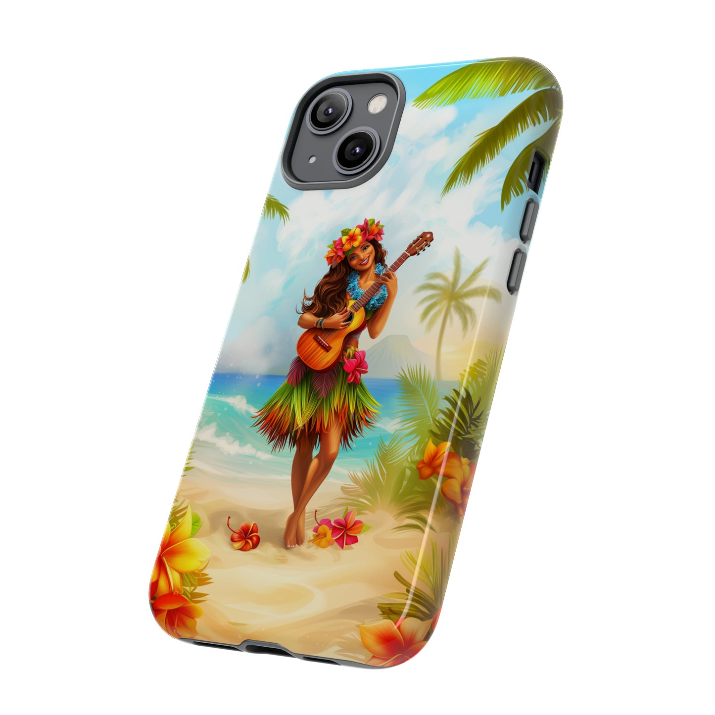 Hula Girl Guitar Hawaiian Phone Case, Tropical, Hibiscus, Wireless Compatible, Protective Cell Phone Case for iPhone, Samsung, Pixel phones