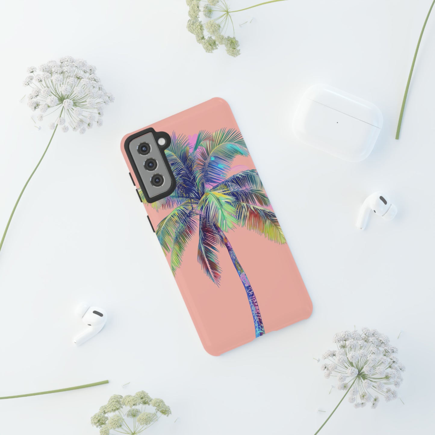 Pink Palm Tree Hawaiian Phone Case, Tropical, Hibiscus, Wireless Compatible, Protective Cell Phone Case for iPhone, Samsung, Pixel phones