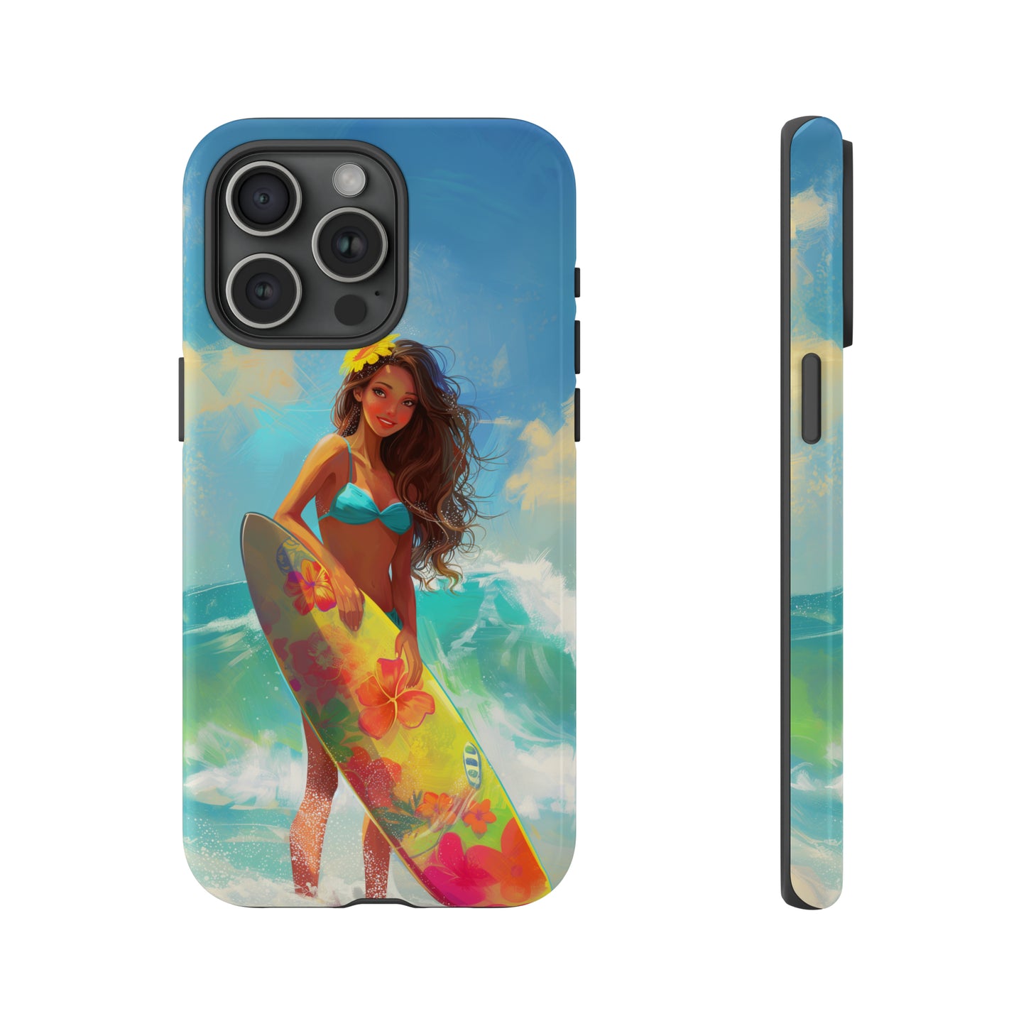 Surfer Girl Hawaiian Phone Case, Tropical, Hibiscus, Wireless Compatible, Protective Cell Phone Case for iPhone, Samsung, Pixel phones