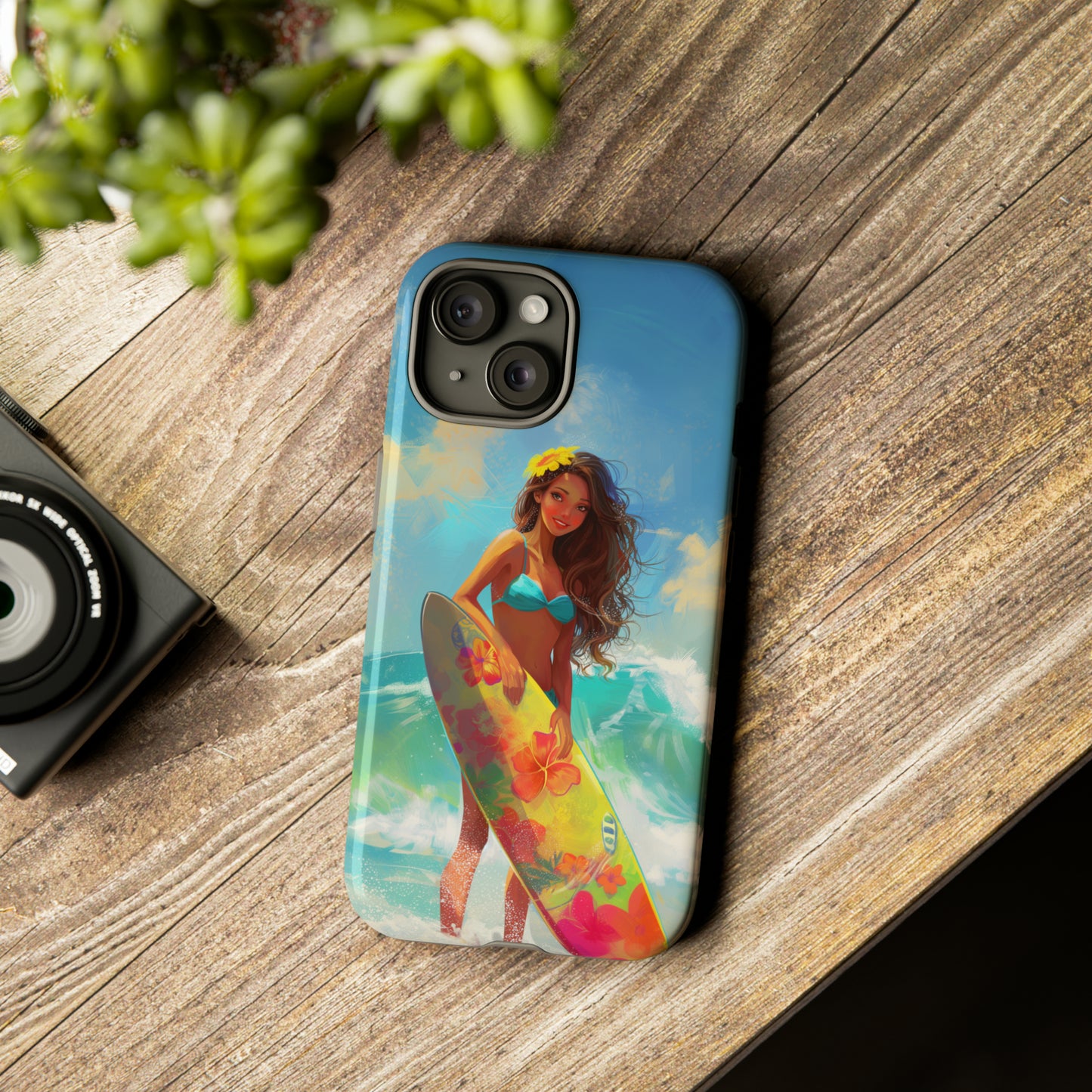 Surfer Girl Hawaiian Phone Case, Tropical, Hibiscus, Wireless Compatible, Protective Cell Phone Case for iPhone, Samsung, Pixel phones