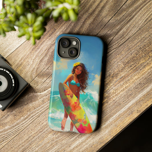 Surfer Girl Hawaiian Phone Case, Tropical, Hibiscus, Wireless Compatible, Protective Cell Phone Case for iPhone, Samsung, Pixel phones