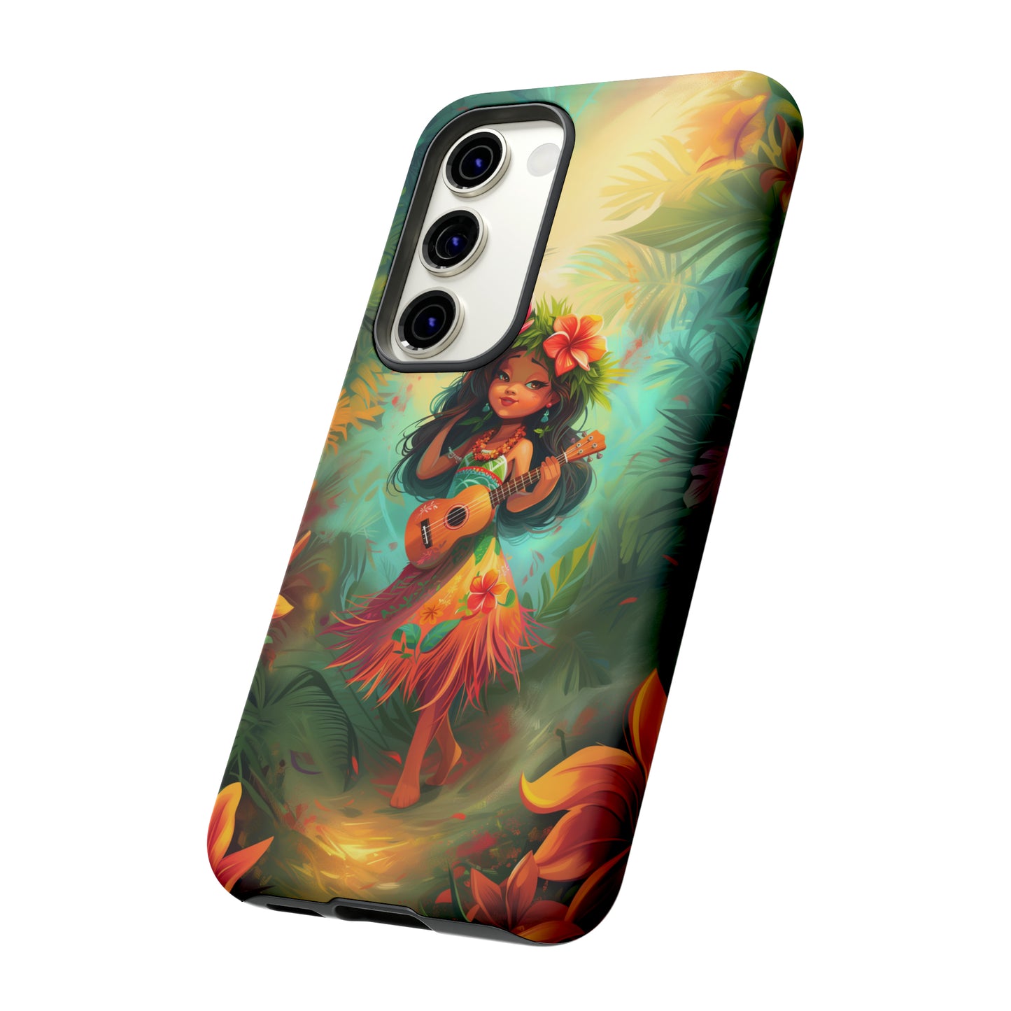 Cute Hula Girl Ukulele Hawaiian Phone Case, Tropical, Hibiscus, Wireless Compatible, Protective Cell Phone Case for iPhone, Samsung, Pixel