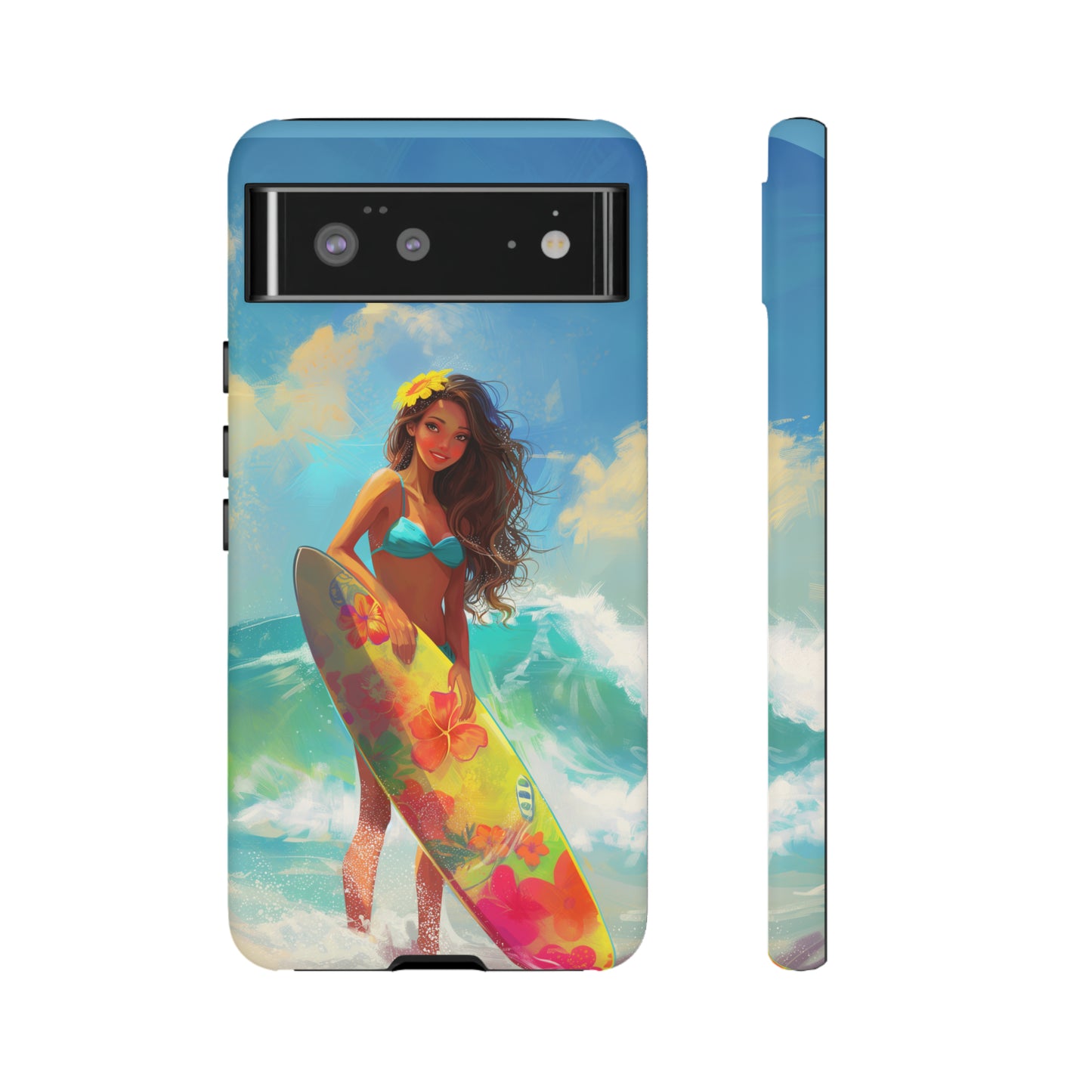 Surfer Girl Hawaiian Phone Case, Tropical, Hibiscus, Wireless Compatible, Protective Cell Phone Case for iPhone, Samsung, Pixel phones
