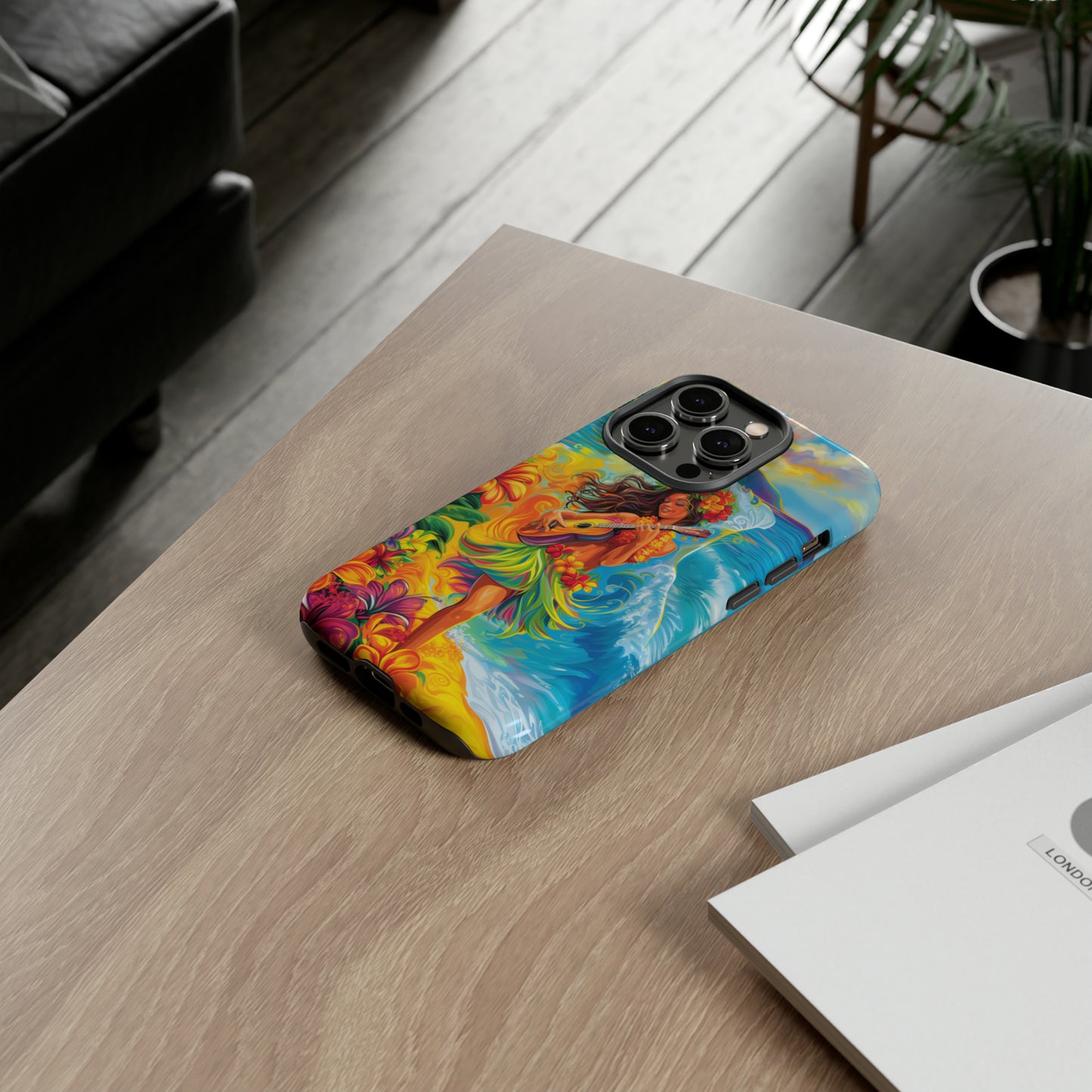 Ukulele Hula Girl Hawaiian Phone Case, Tropical, Hibiscus, Wireless Compatible, Protective Cell Phone Case for iPhone, Samsung, Pixel phones