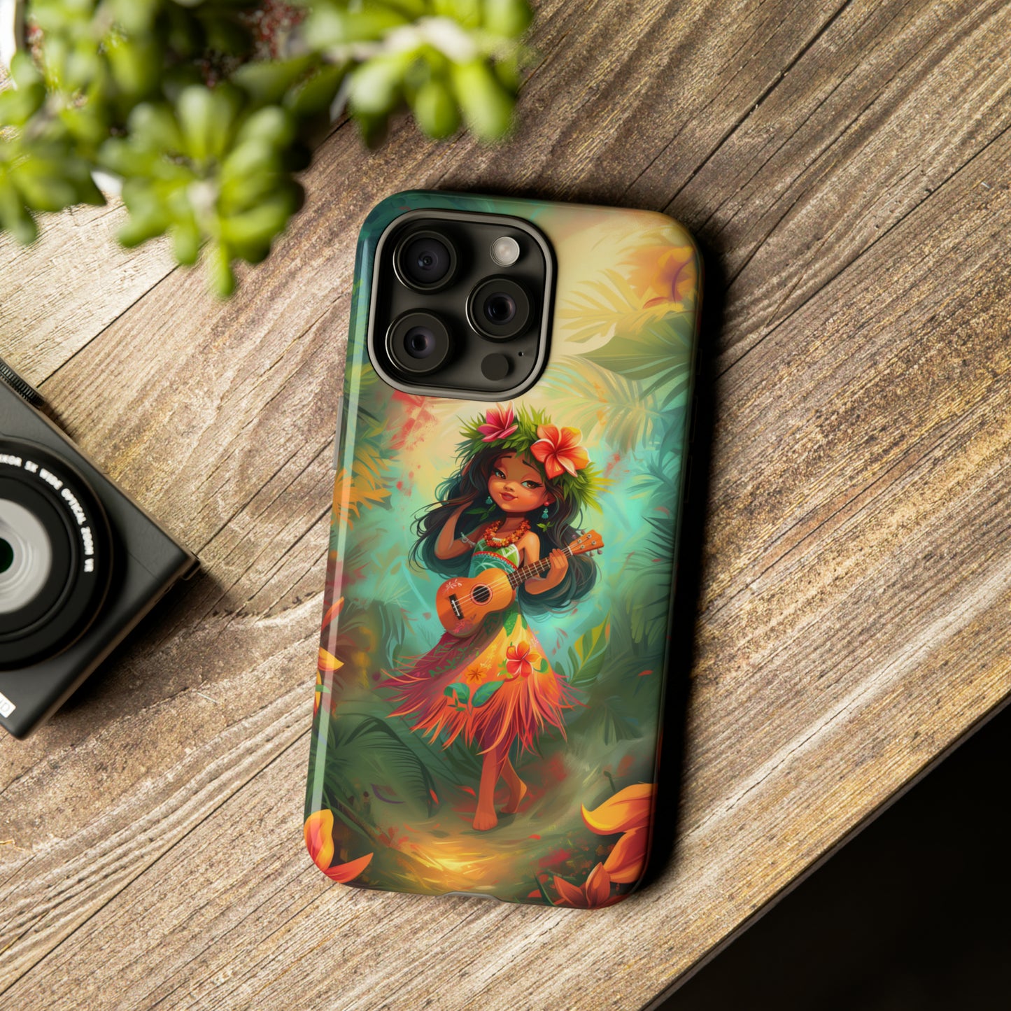 Cute Hula Girl Ukulele Hawaiian Phone Case, Tropical, Hibiscus, Wireless Compatible, Protective Cell Phone Case for iPhone, Samsung, Pixel