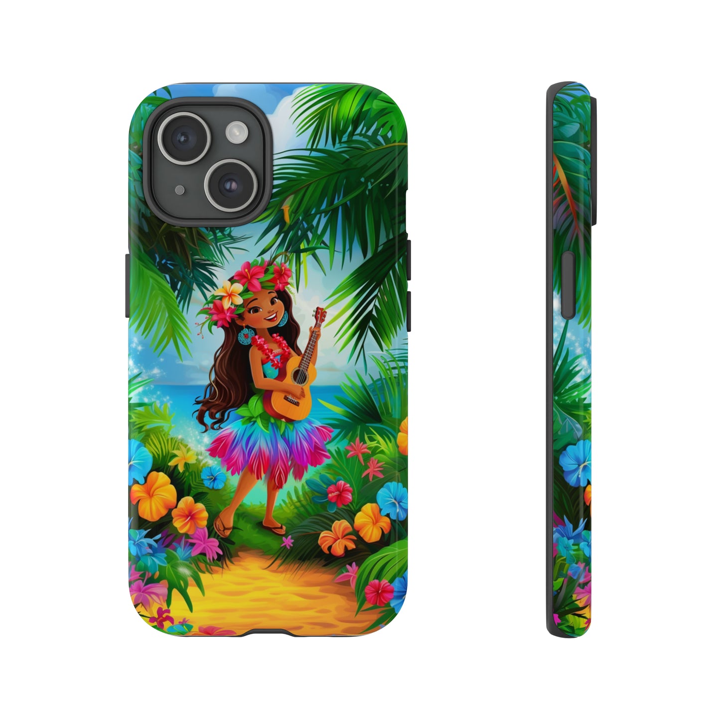 Hula Girl Ukulele Hawaiian Phone Case, Tropical, Hibiscus, Wireless Compatible, Protective Cell Phone Case for iPhone, Samsung, Pixel phones